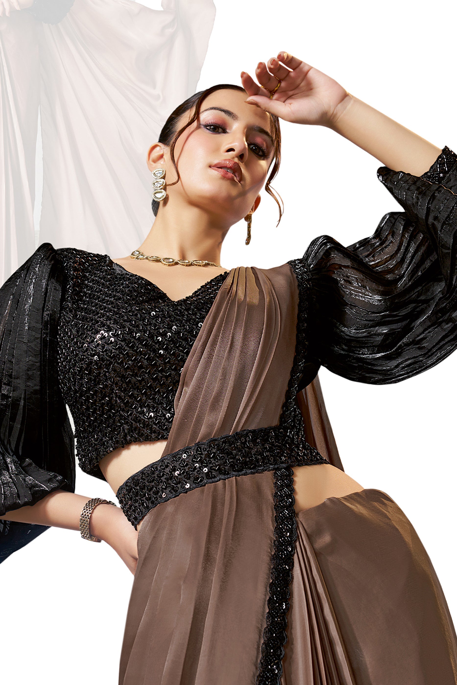 Brown Satin Silk Readymade Saree-SAR11136_3_SareeButa.com