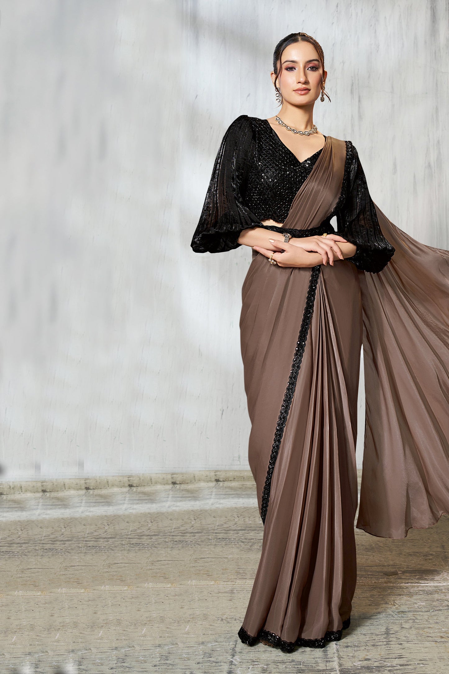 Brown Satin Silk Readymade Saree-SAR11136_4_SareeButa.com