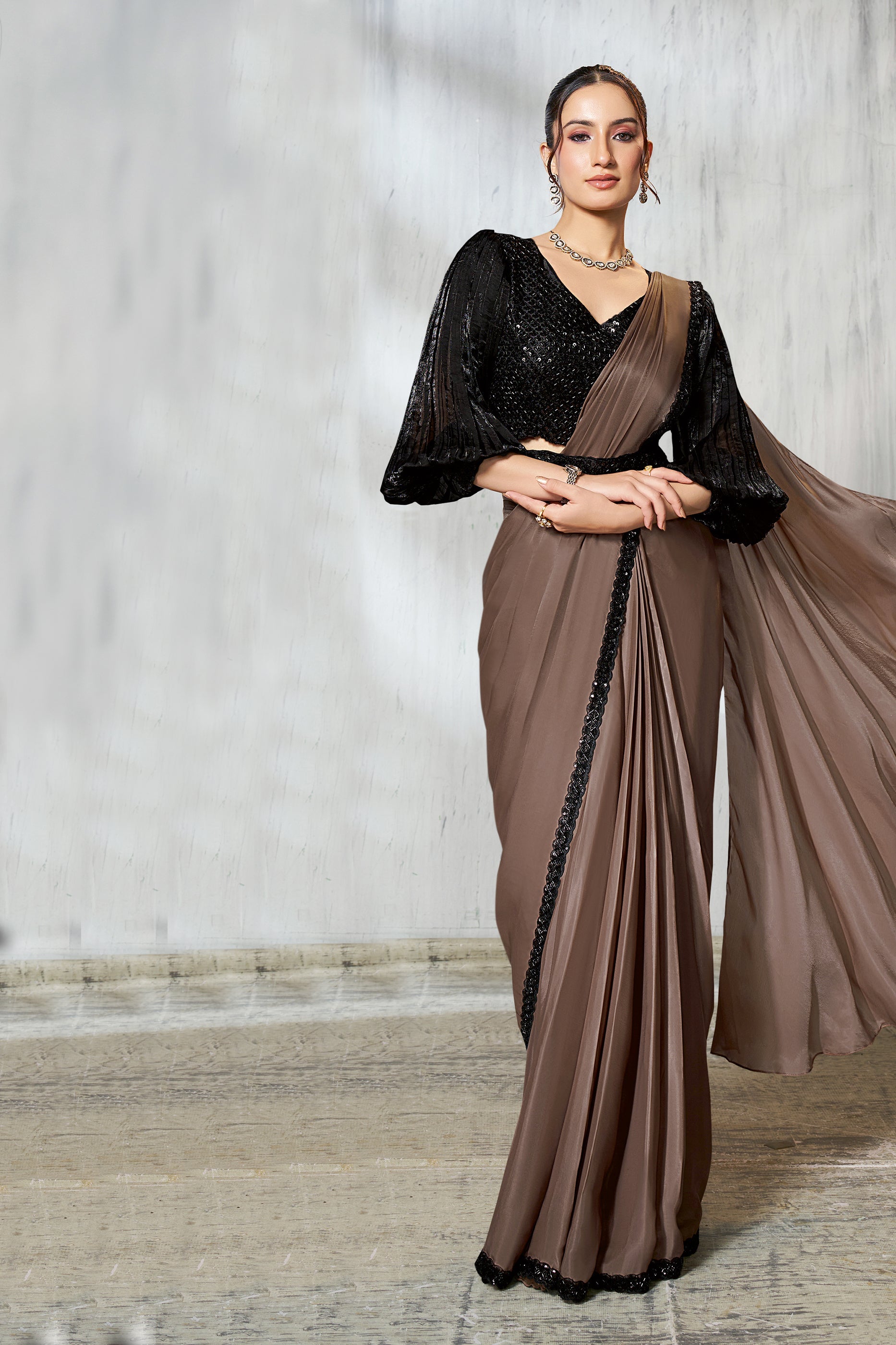 Brown Satin Silk Readymade Saree-SAR11136_4_SareeButa.com