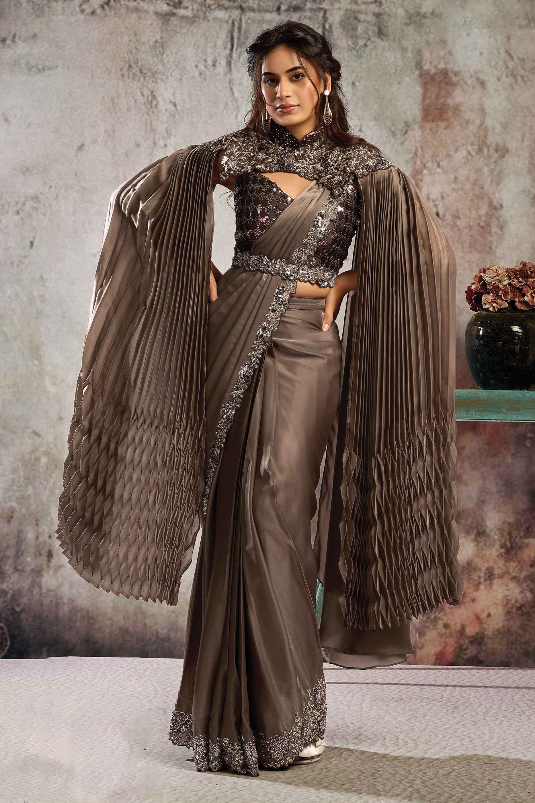 Brown Satin Silk Readymade Saree with Stitched Blouse-SAR12106_1_SareeButa.com