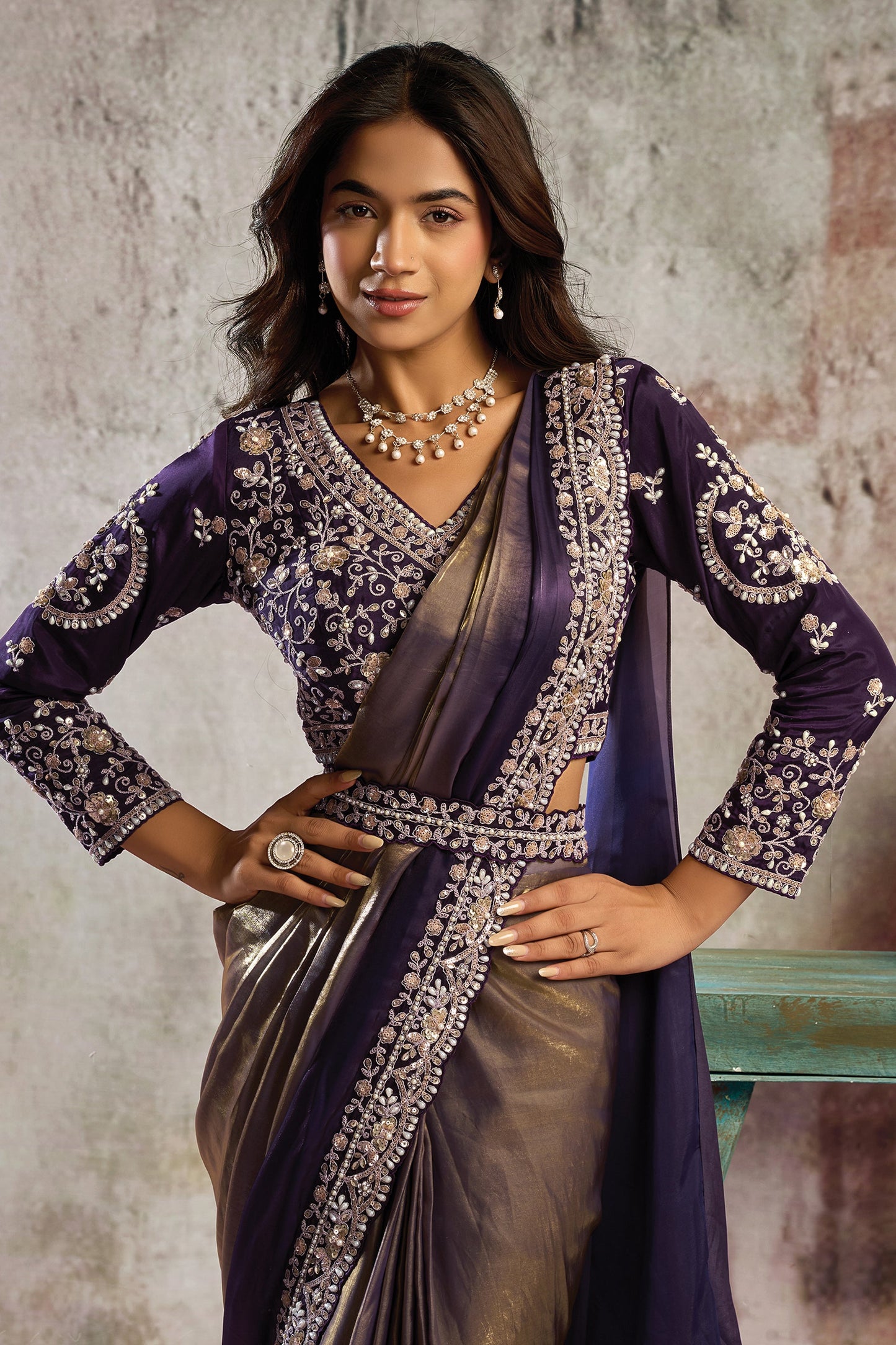 Brown Satin Silk Readymade Saree with Stitched Blouse-SAR12107_2_SareeButa.com