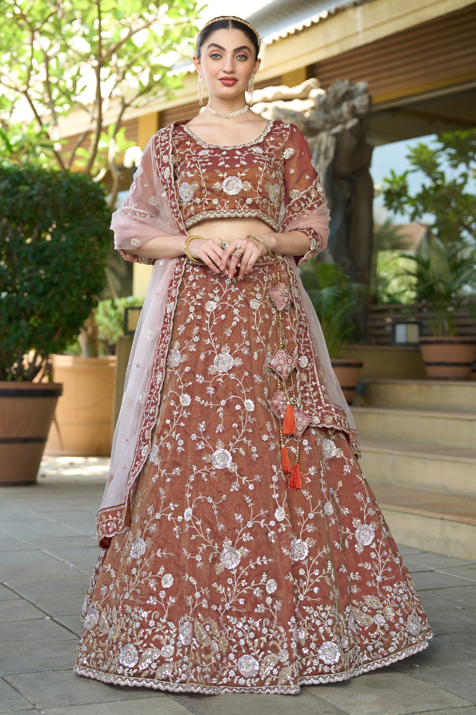 Brown Semi-Stitched Embroidered Tissue Lehenga-SAR10731_1_SareeButa.com