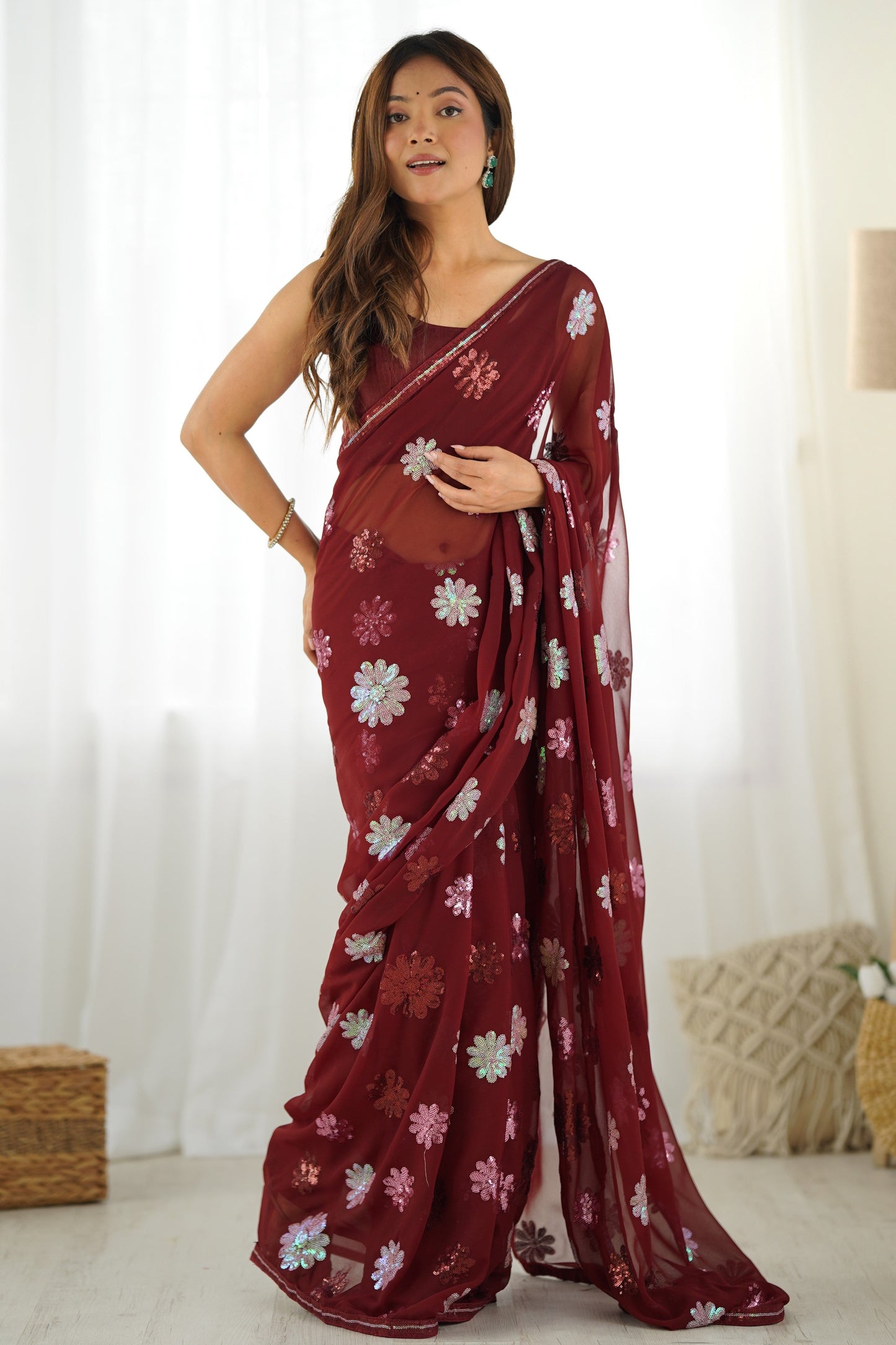 Brown Sequin Work Georgette Saree-ZB132651_1