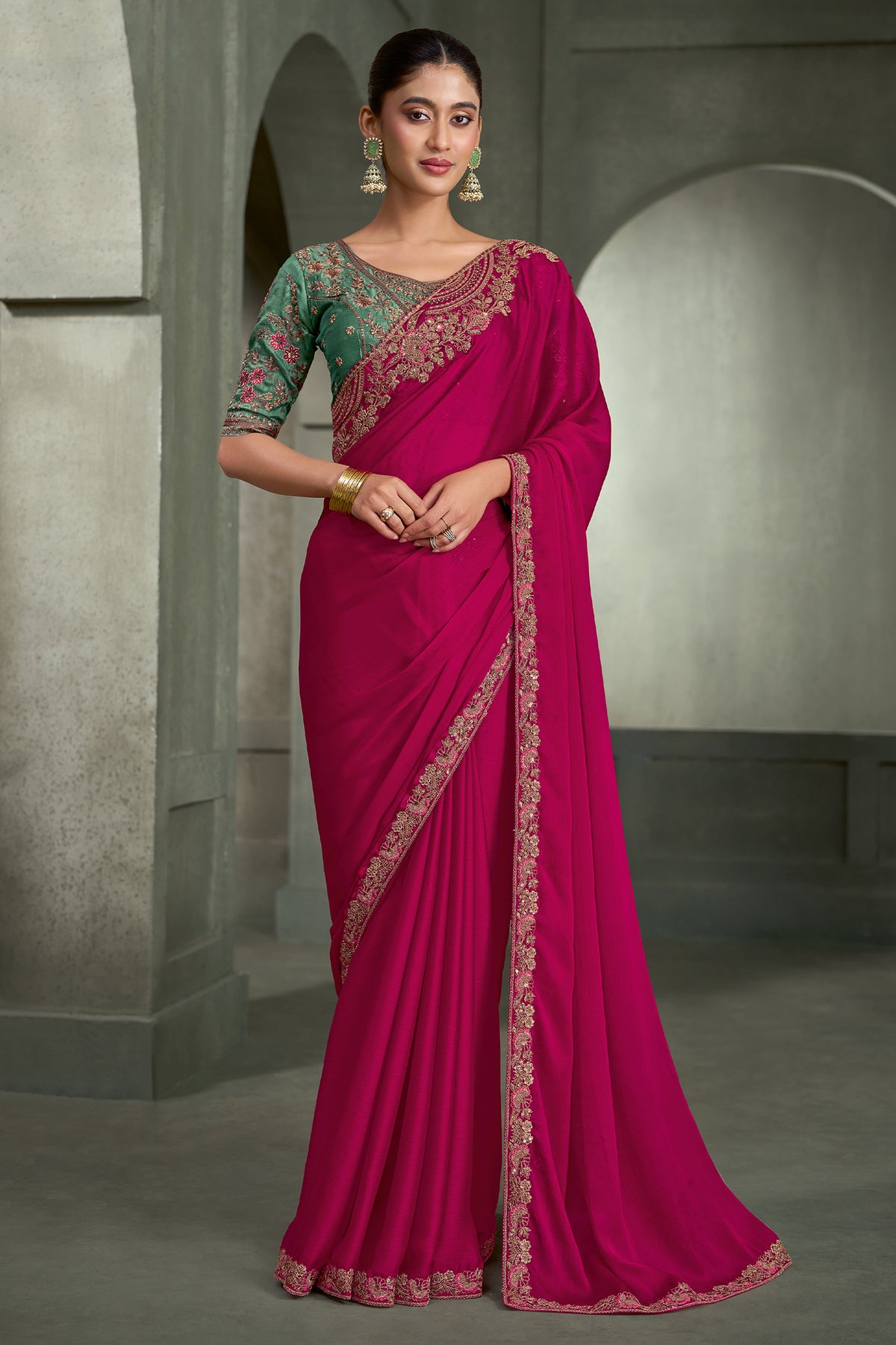 Burberry Pink Embroidered Satin Chiffon Saree-SAR13289_1_SareeButa.com