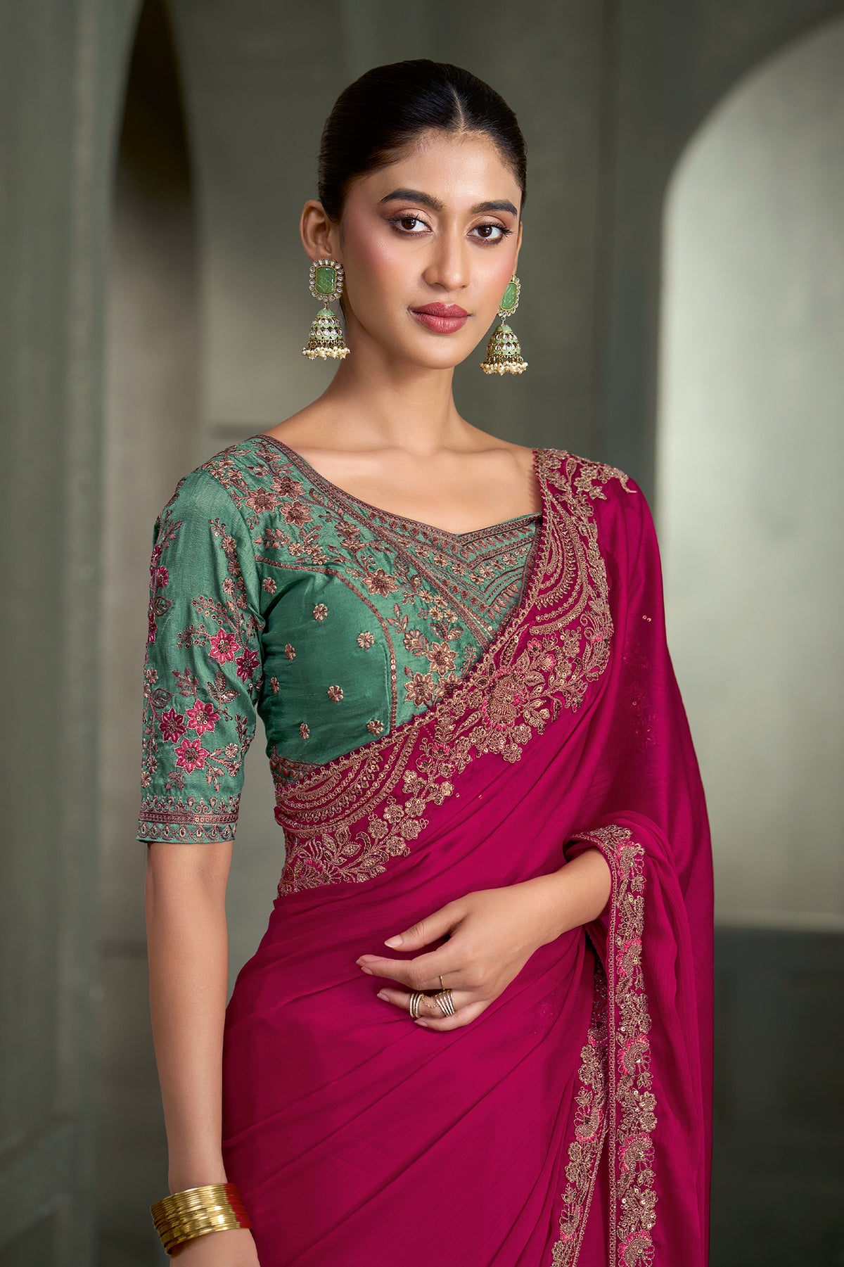 Burberry Pink Embroidered Satin Chiffon Saree-SAR13289_2_SareeButa.com