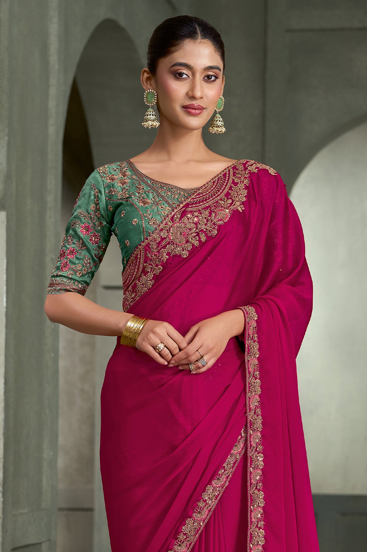 Burberry Pink Embroidered Satin Chiffon Saree-SAR13289_3_SareeButa.com