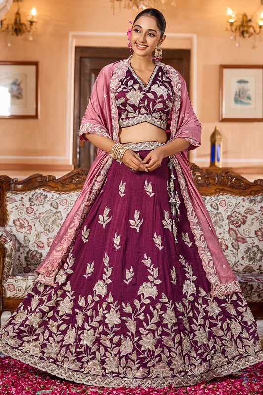 Burgundy Readymade Embroidered Silk Lehenga-SAR12869_1_SareeButa.com