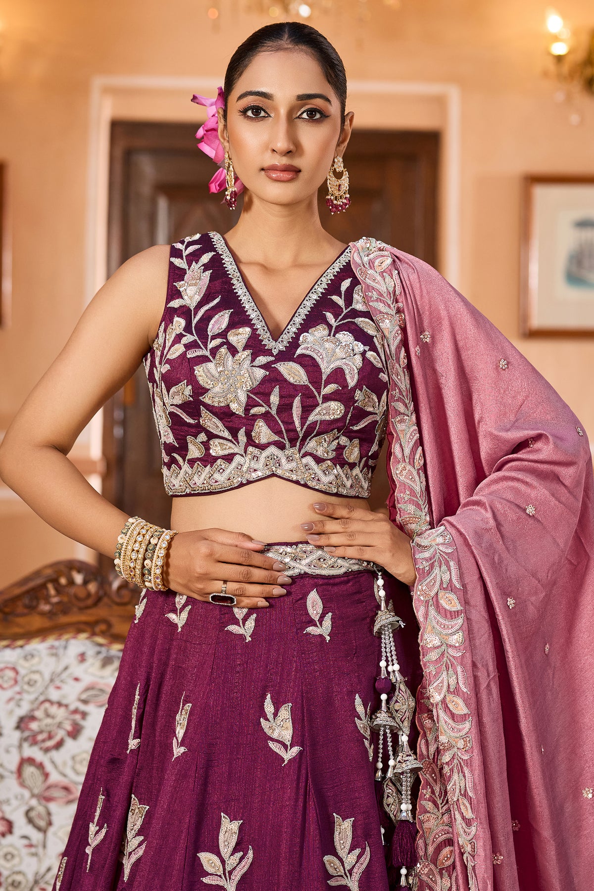 Burgundy Readymade Embroidered Silk Lehenga-SAR12869_2_SareeButa.com