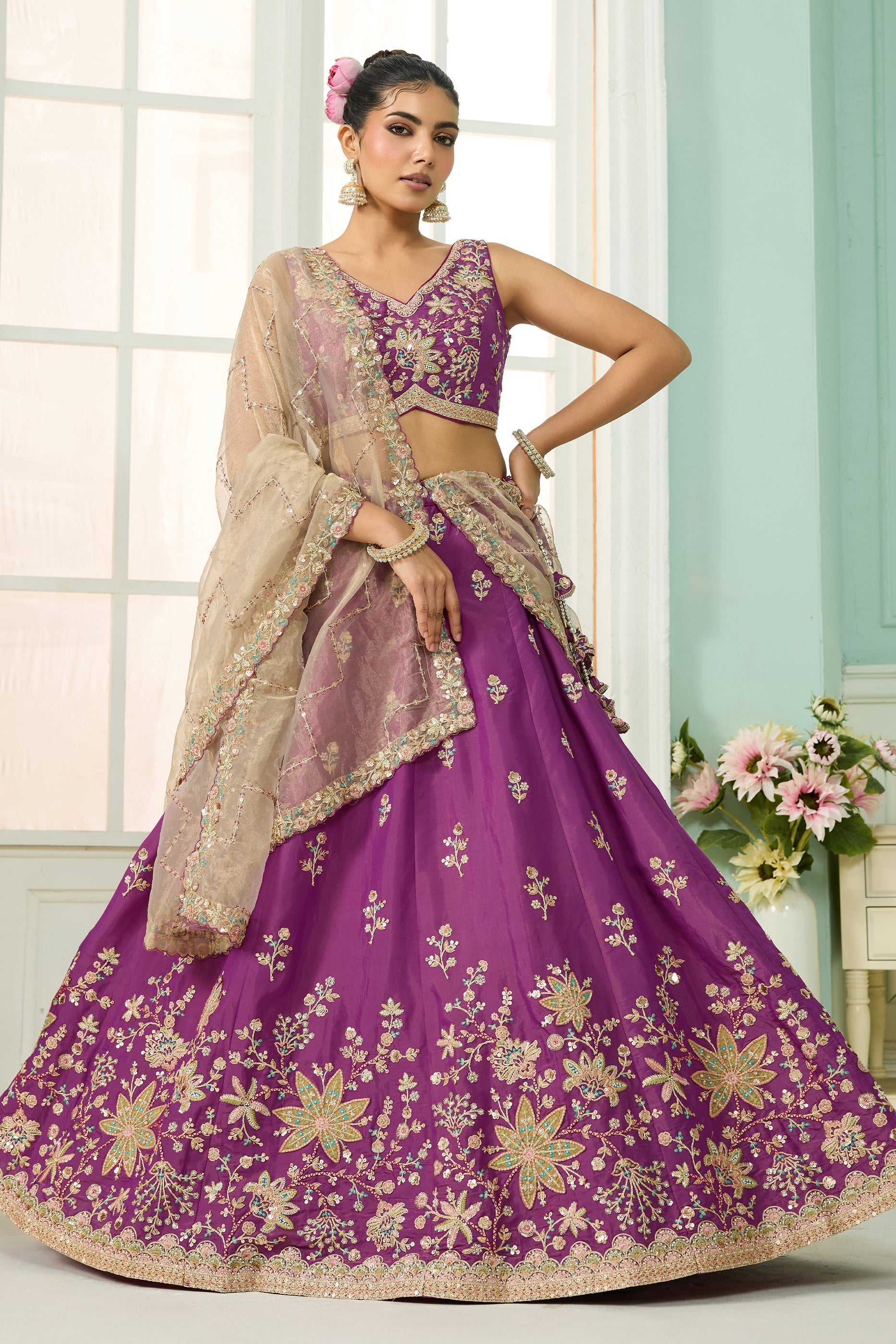 Burgundy Semi-Stitched Embroidered Georgette Lehenga-SAR10695_1_SareeButa.com