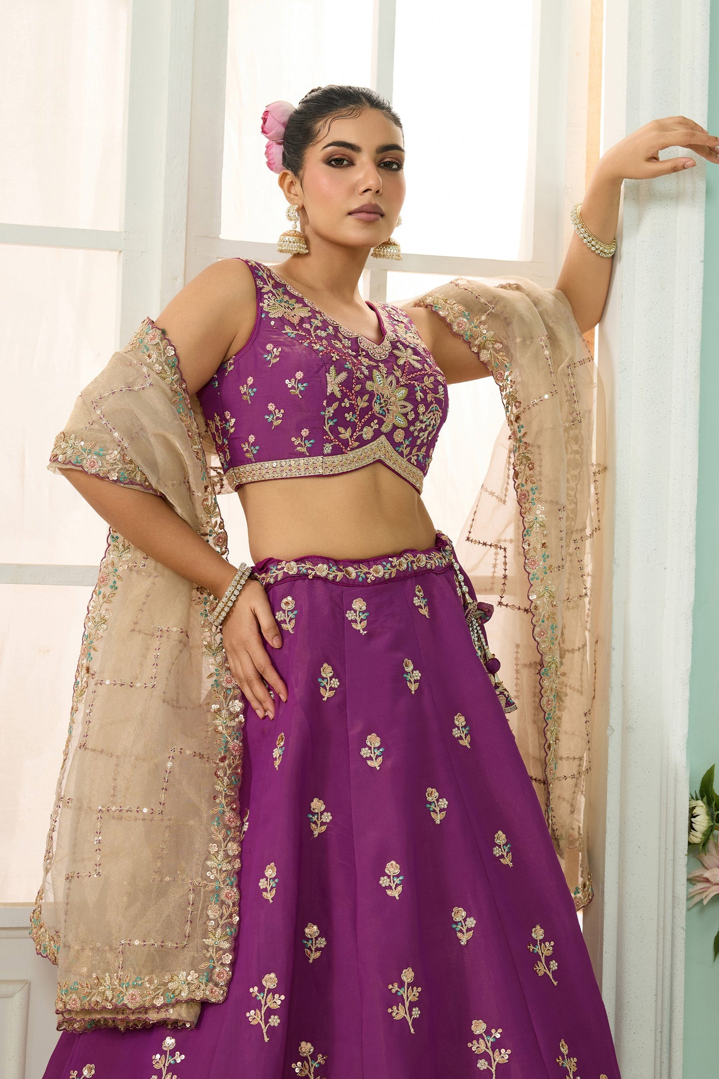 Burgundy Semi-Stitched Embroidered Georgette Lehenga-SAR10695_3_SareeButa.com