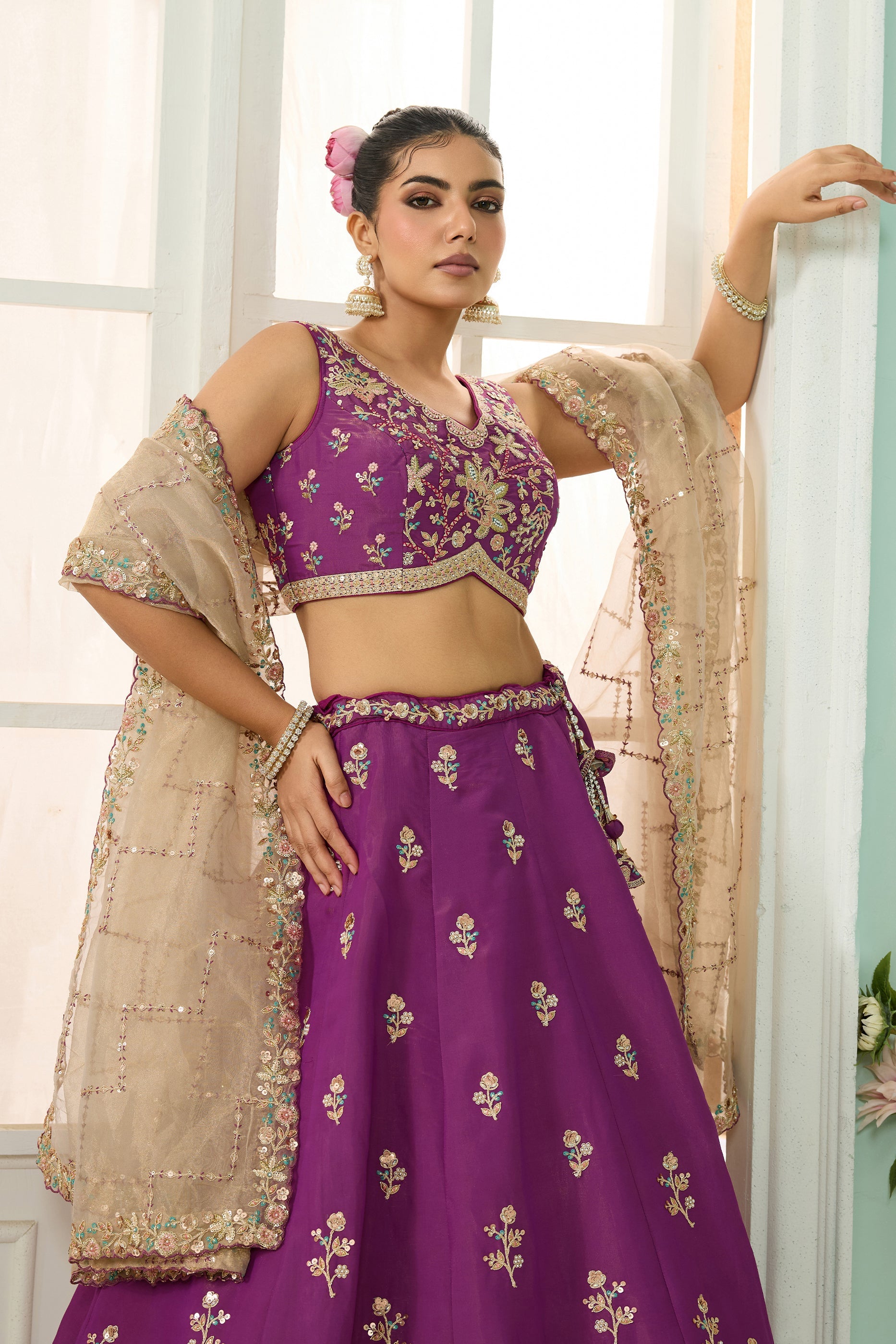 Burgundy Semi-Stitched Embroidered Georgette Lehenga-SAR10695_3_SareeButa.com