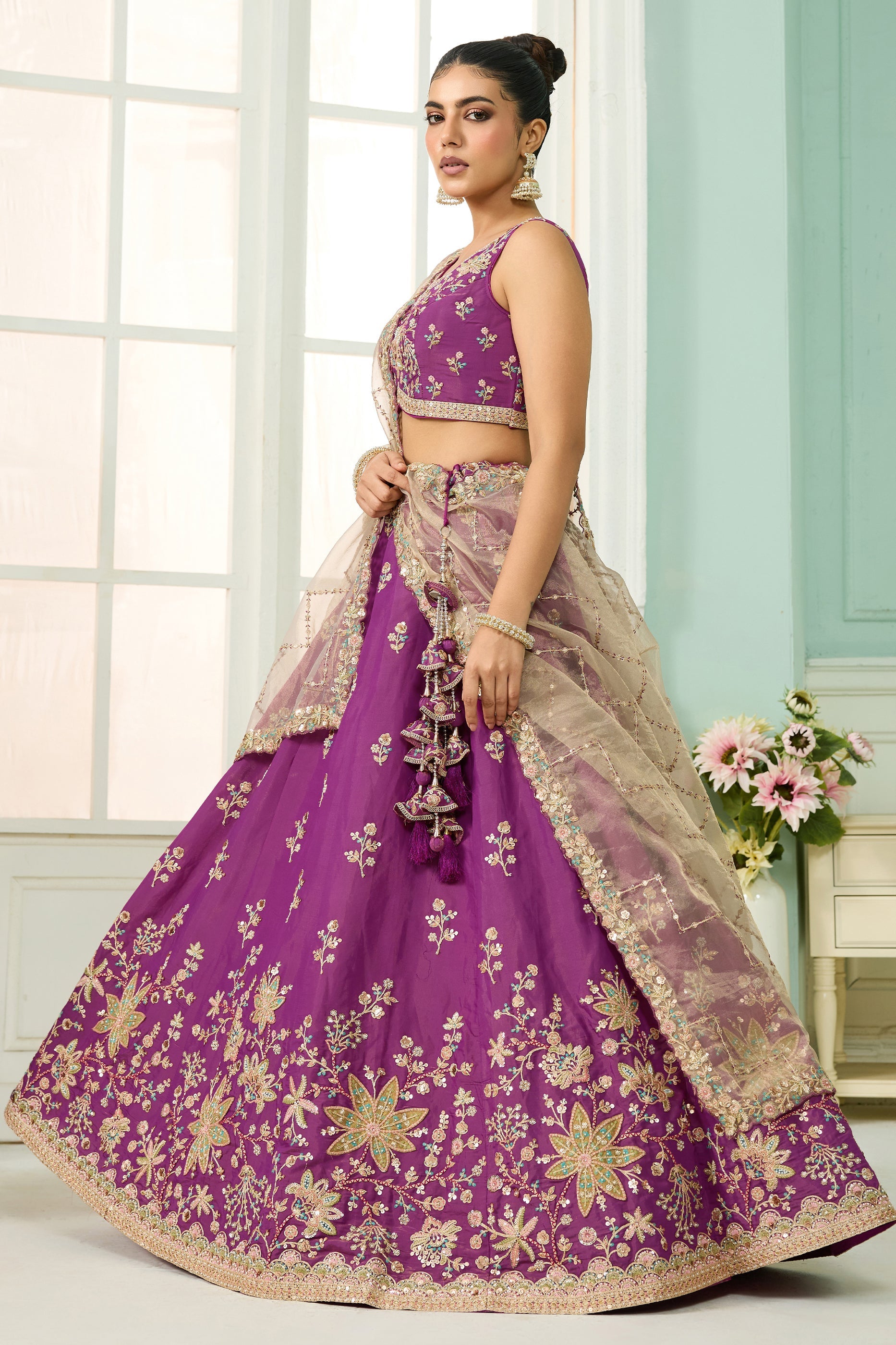 Burgundy Semi-Stitched Embroidered Georgette Lehenga-SAR10695_4_SareeButa.com