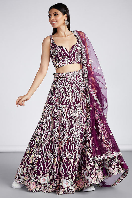 Burgundy Semi-Stitched Embroidered Net Lehenga-SAR12832_1_SareeButa.com