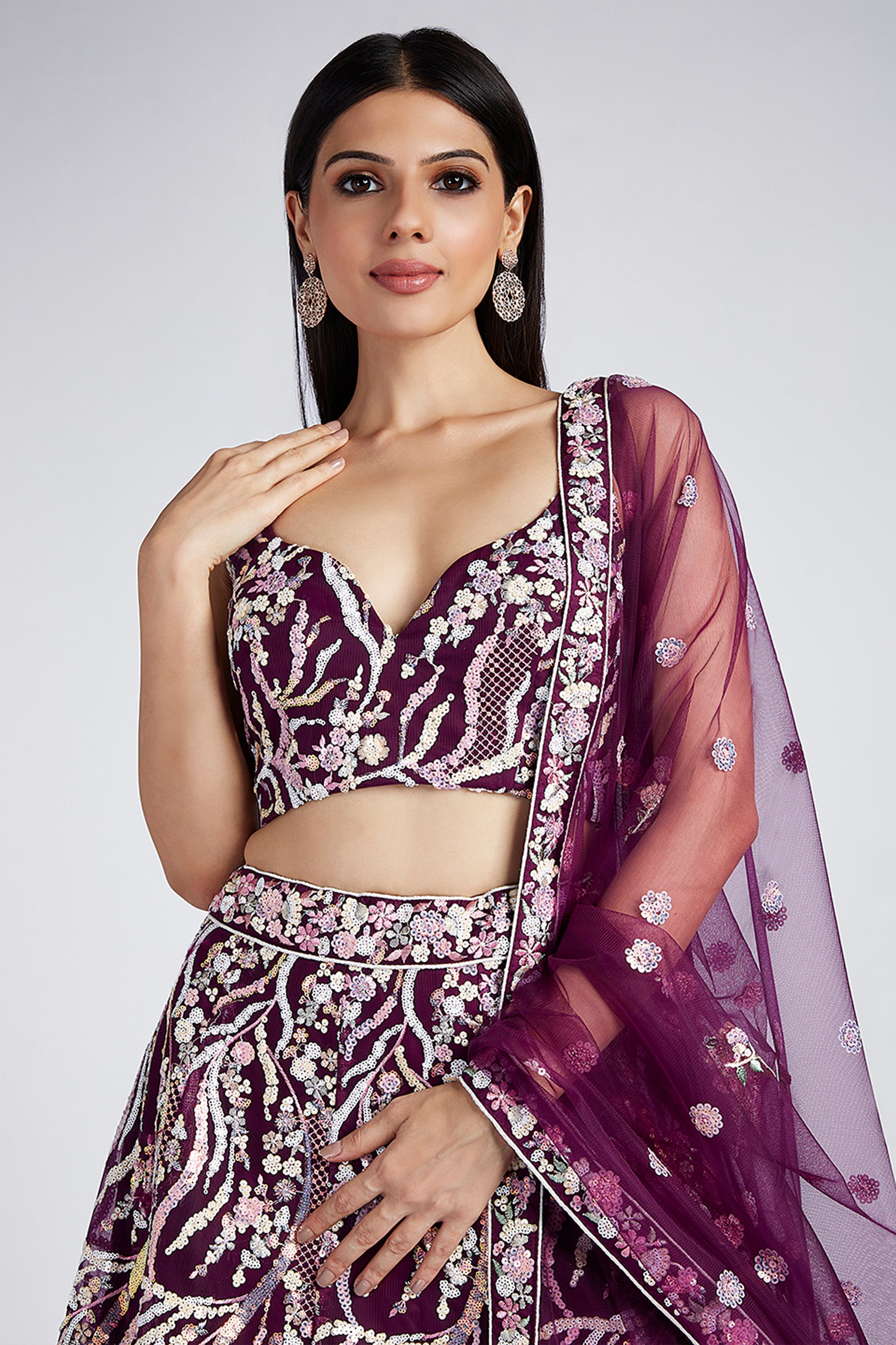 Burgundy Semi-Stitched Embroidered Net Lehenga-SAR12832_2_SareeButa.com