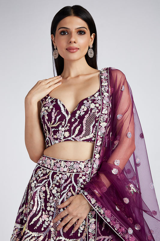 Burgundy Semi-Stitched Embroidered Net Lehenga-SAR12832_2_SareeButa.com