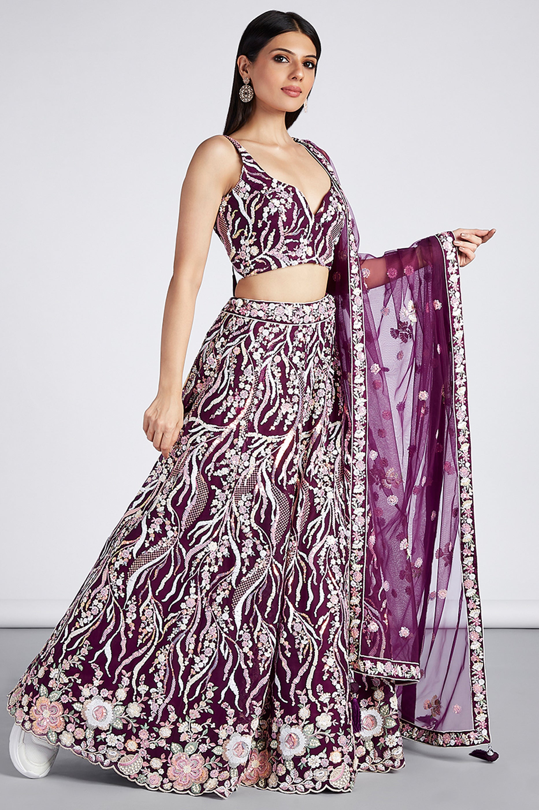 Burgundy Semi-Stitched Embroidered Net Lehenga-SAR12832_3_SareeButa.com