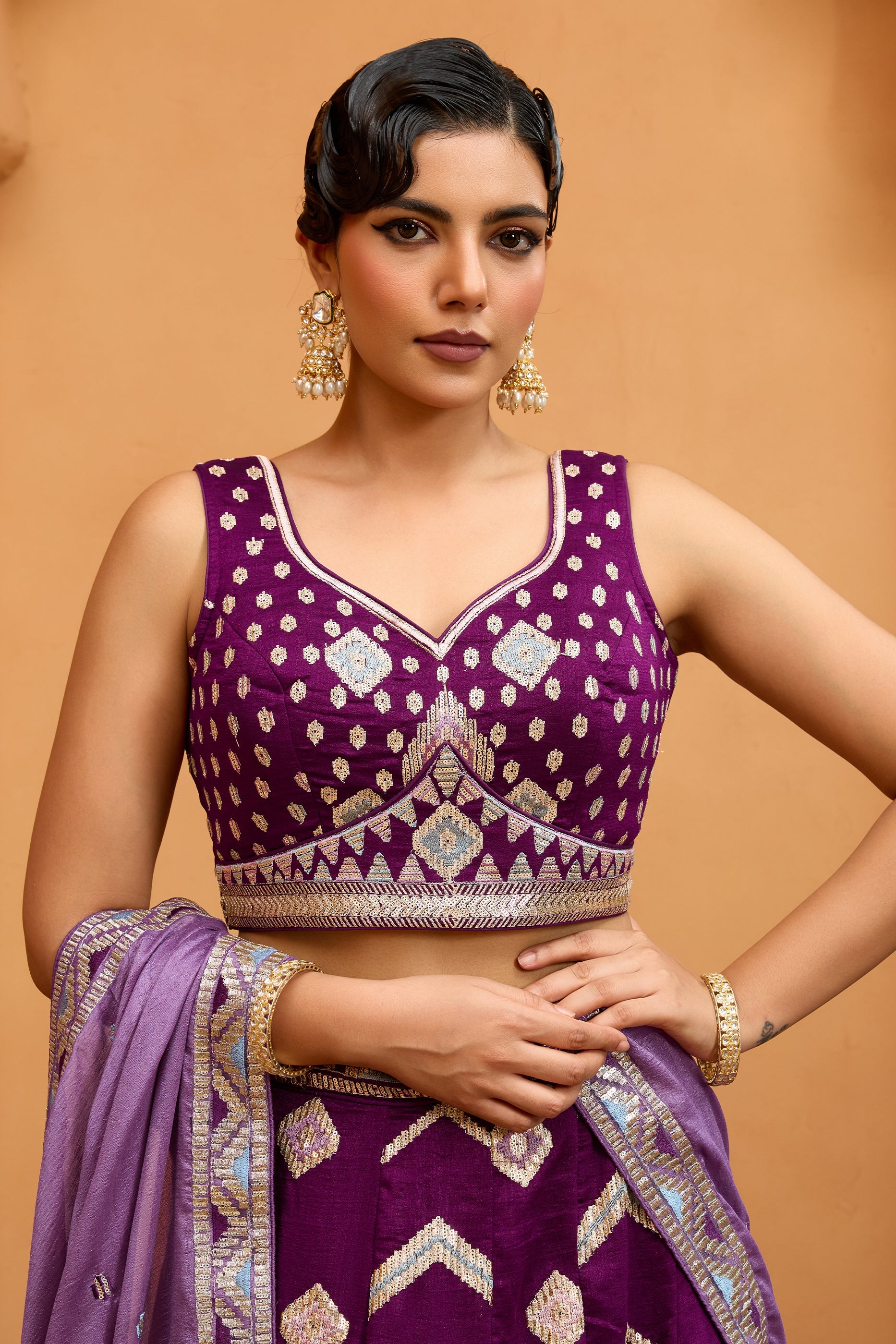 Burgundy Semi-Stitched Embroidered Silk Lehenga-SAR10699_2_SareeButa.com