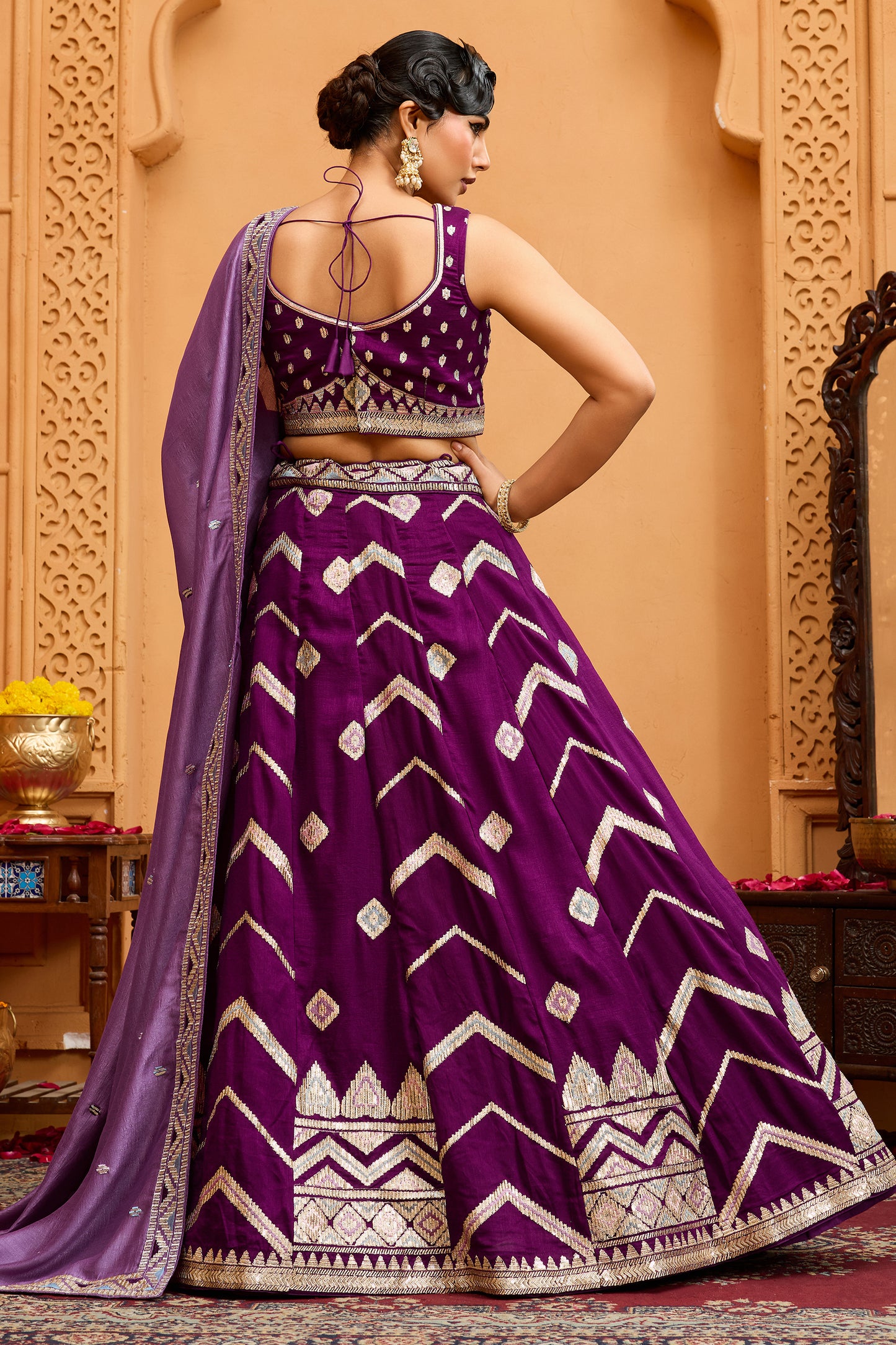 Burgundy Semi-Stitched Embroidered Silk Lehenga