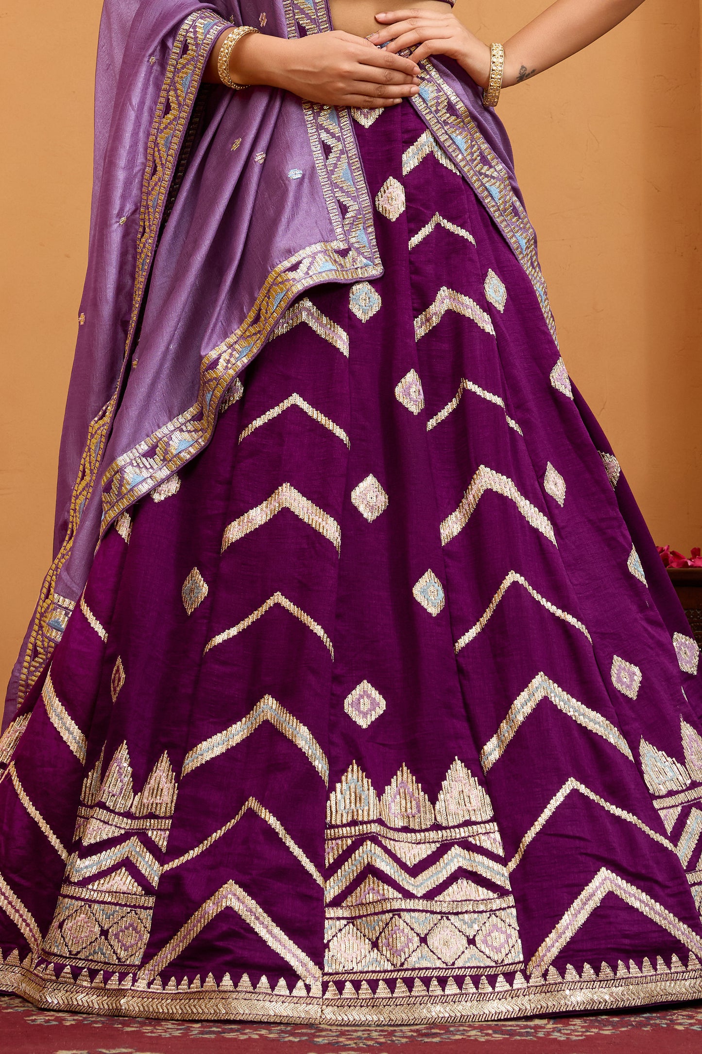 Burgundy Semi-Stitched Embroidered Silk Lehenga