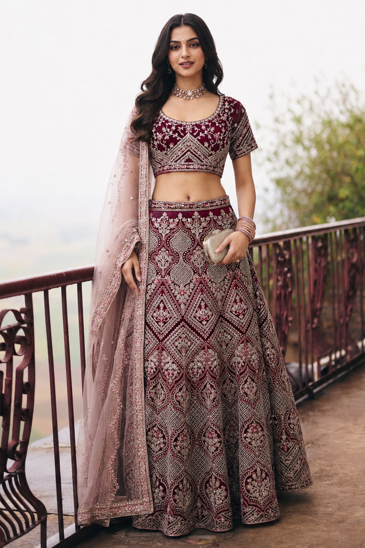 Burgundy Semi Stitched Embroidered Net Lehenga-SAR13218_1_SareeButa.com