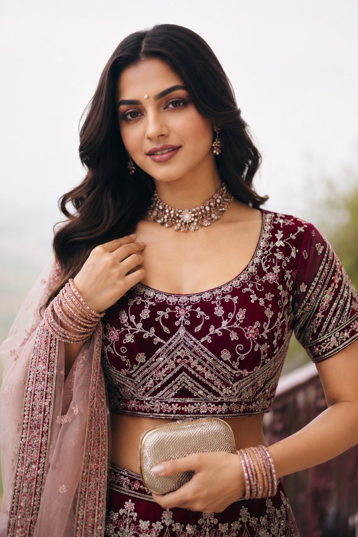 Burgundy Semi Stitched Embroidered Net Lehenga-SAR13218_2_SareeButa.com