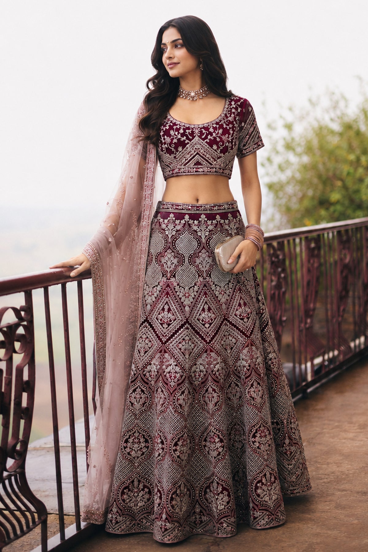 Burgundy Semi Stitched Embroidered Net Lehenga-SAR13218_3_SareeButa.com