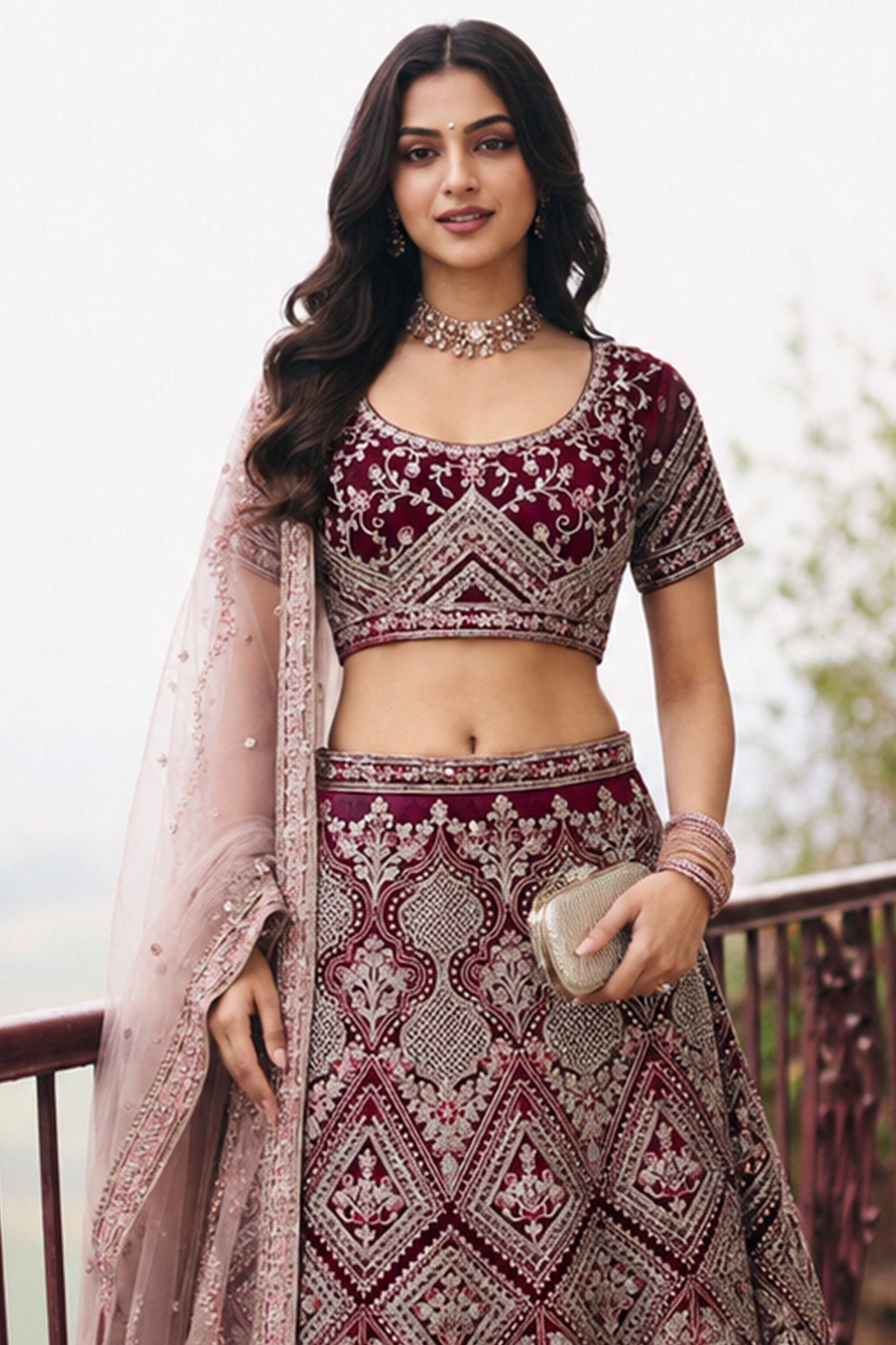 Burgundy Semi Stitched Embroidered Net Lehenga-SAR13218_4_SareeButa.com