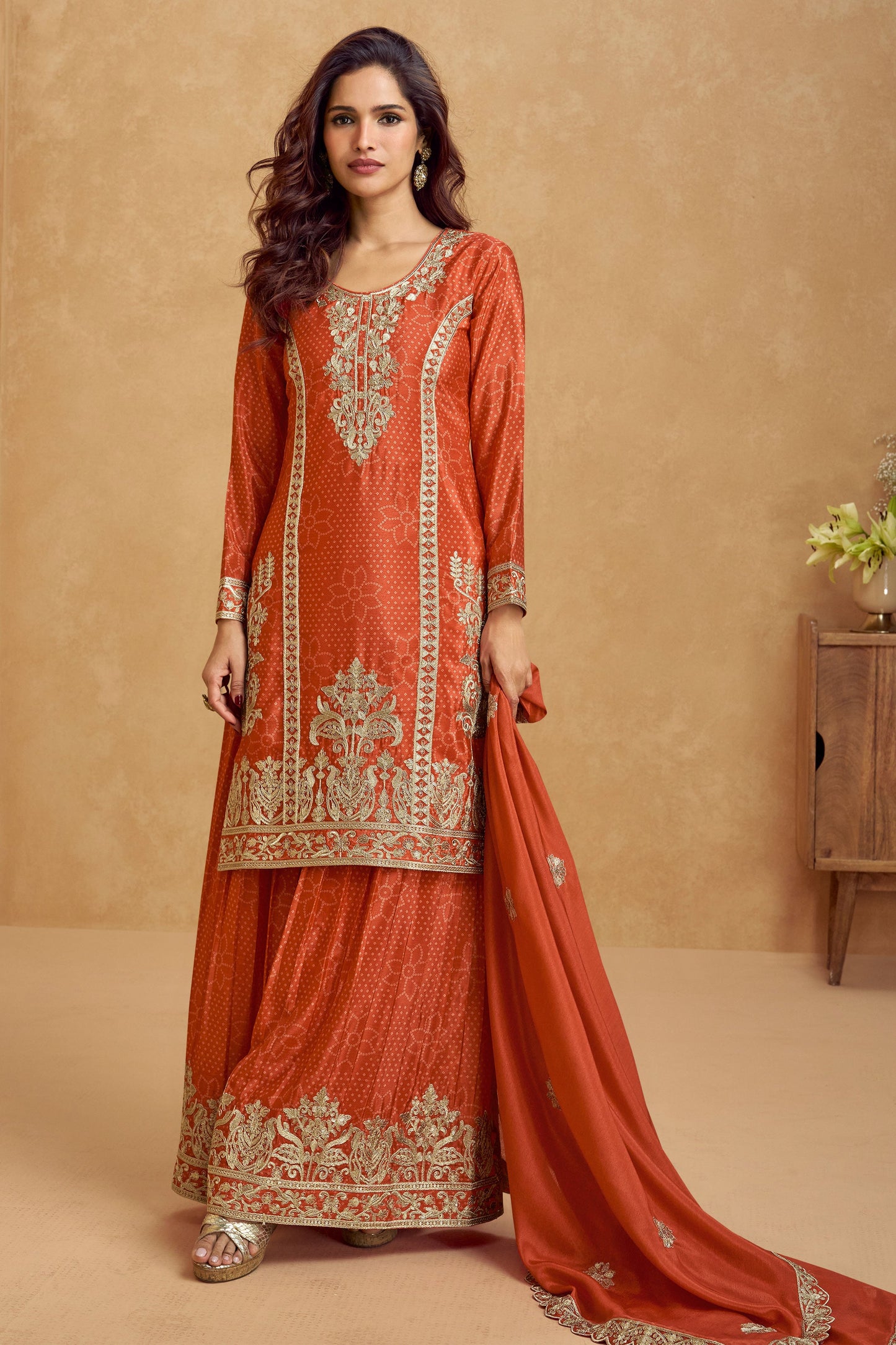 Burnt Orange Readymade Embroidered Chinon Silk Suit-SS247_1_SareeButa.com