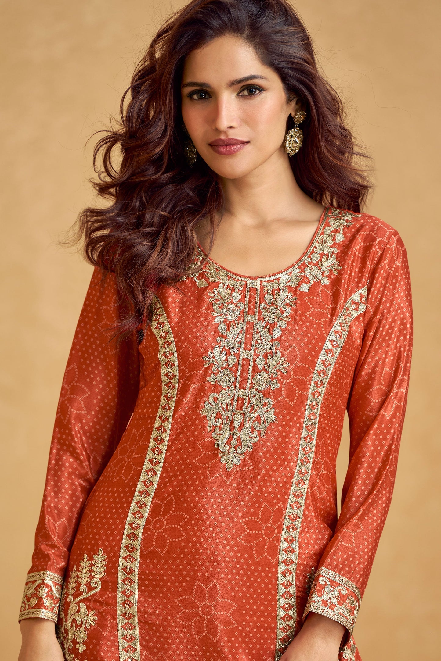 Burnt Orange Readymade Embroidered Chinon Silk Suit-SS247_2_SareeButa.com