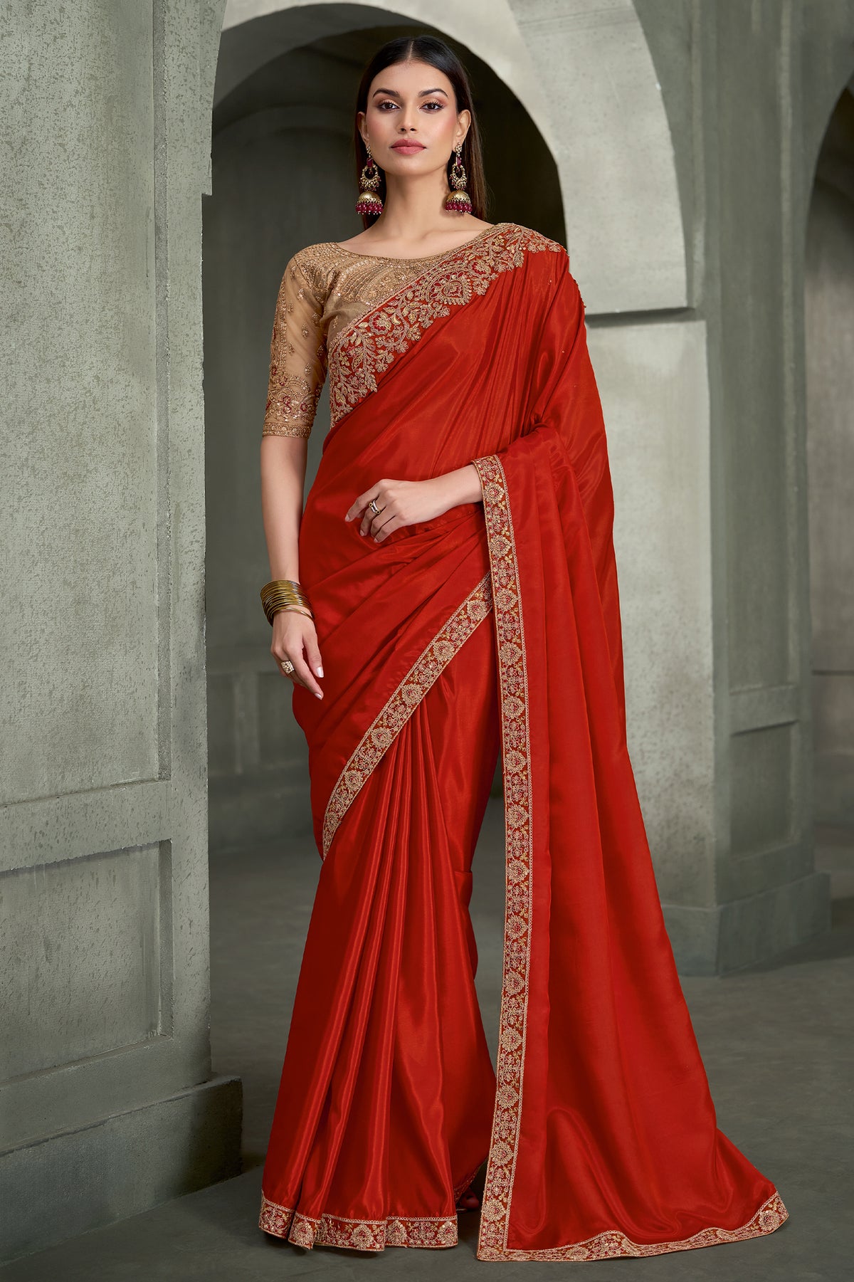 Burnt Orange Embroidered Crepe Silk Saree-SAR13282_1_SareeButa.com