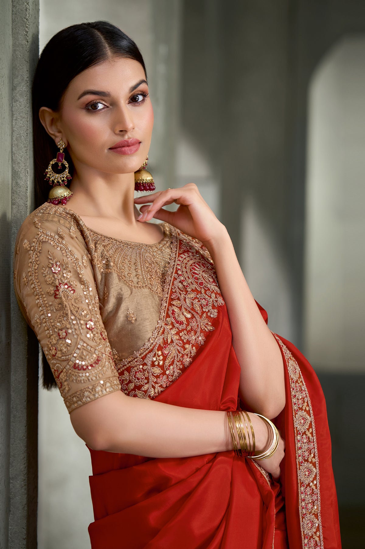 Burnt Orange Embroidered Crepe Silk Saree-SAR13282_2_SareeButa.com