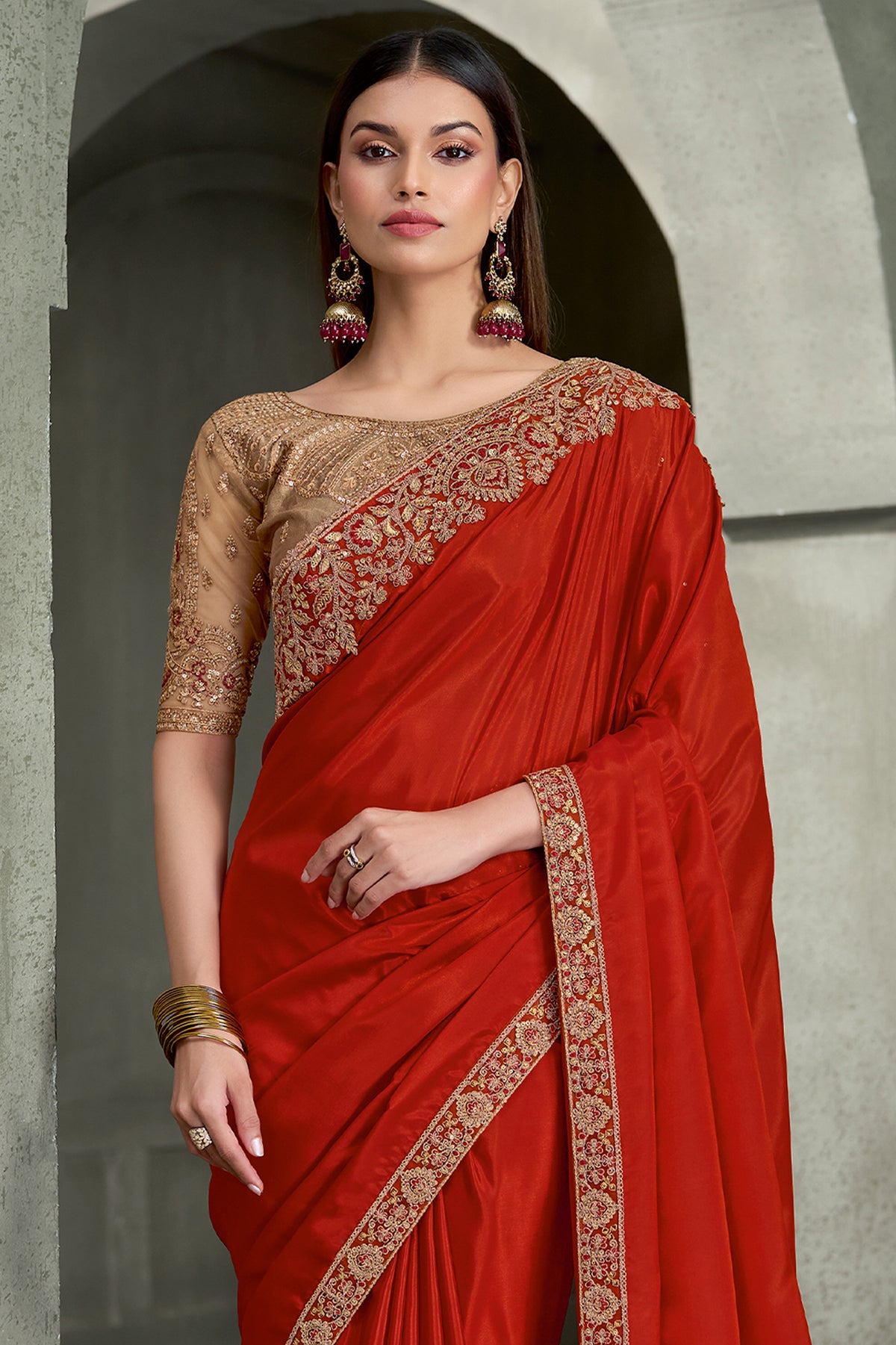 Burnt Orange Embroidered Crepe Silk Saree-SAR13282_3_SareeButa.com