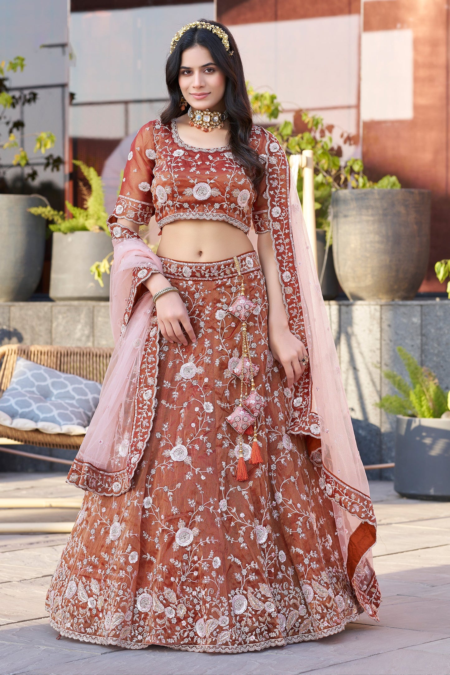 Burnt Orange Semi-Stitched Embroidered Silk Lehenga-SAR10719_1_SareeButa.com
