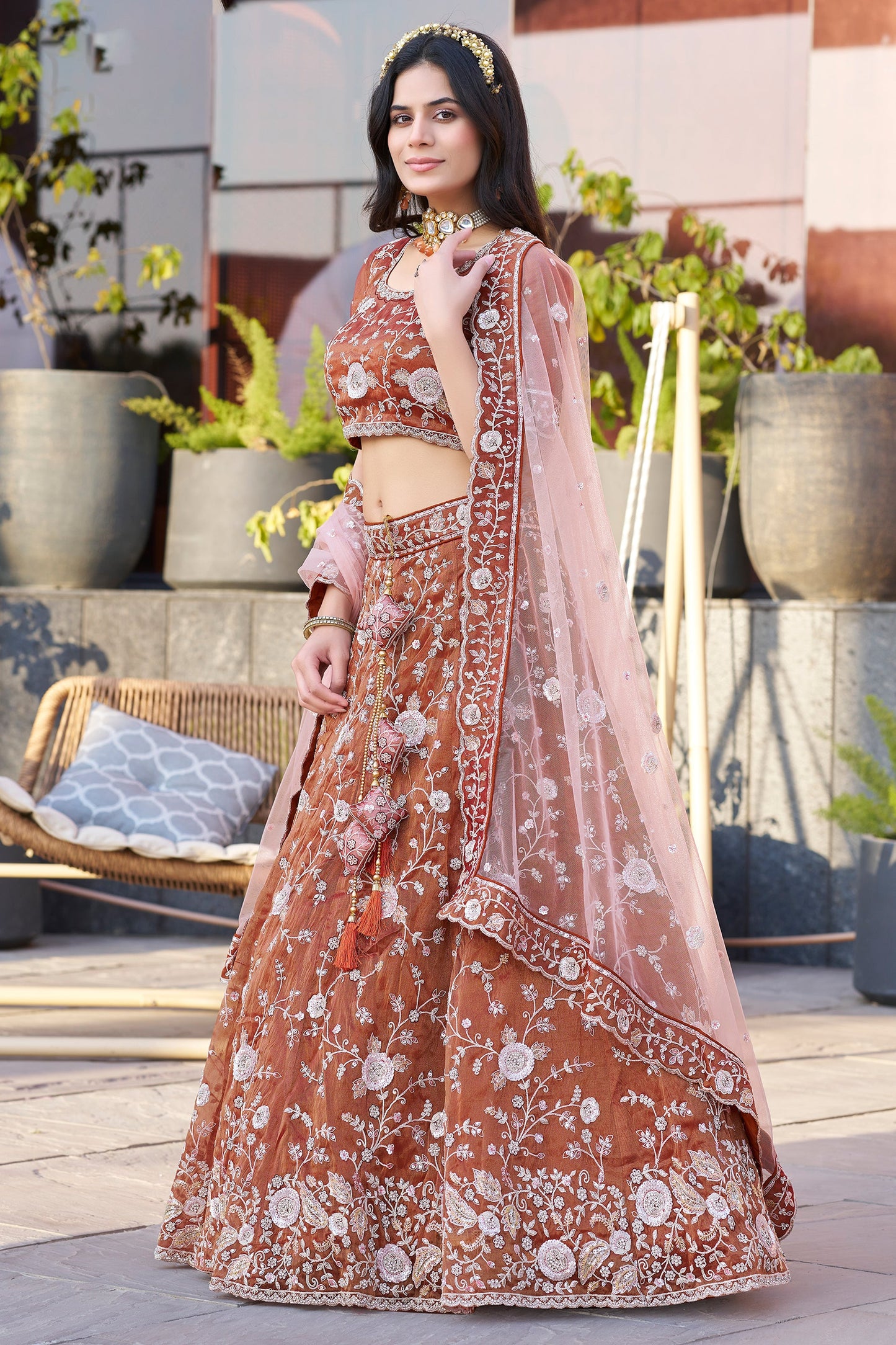 Burnt Orange Semi-Stitched Embroidered Silk Lehenga-SAR10719_3_SareeButa.com
