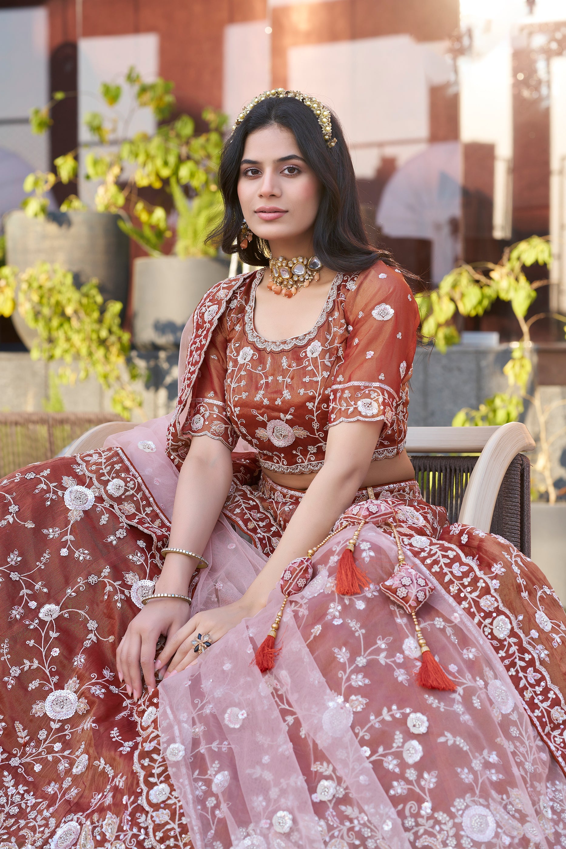 Burnt Orange Semi-Stitched Embroidered Silk Lehenga-SAR10719_4_SareeButa.com