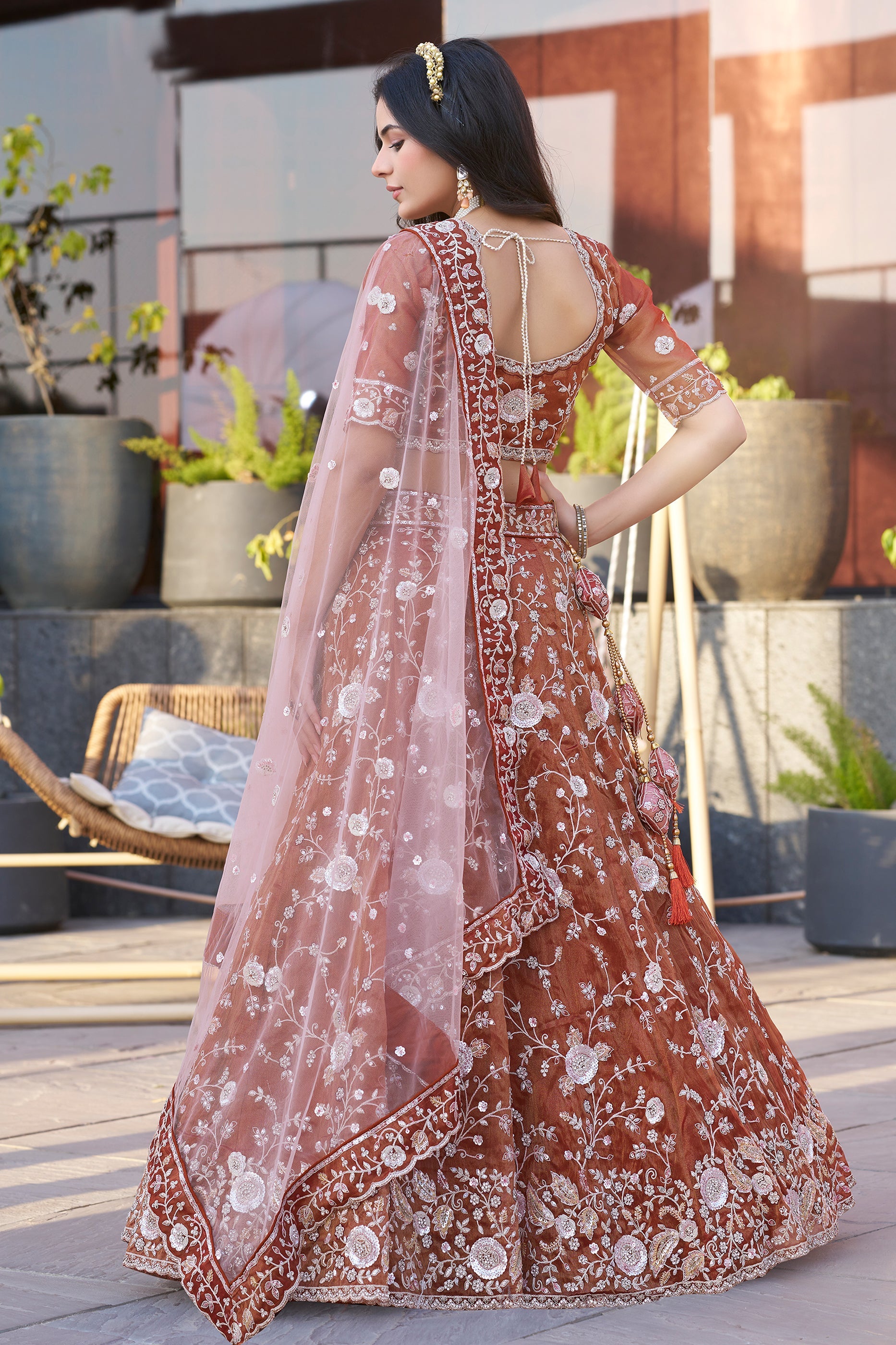 Burnt Orange Semi-Stitched Embroidered Silk Lehenga-SAR10719_5_SareeButa.com