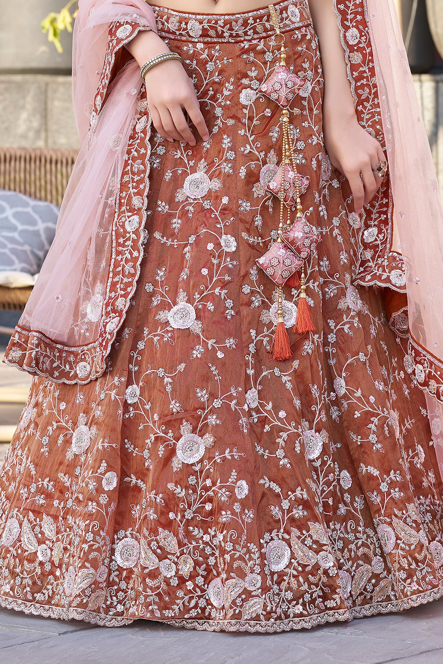 Burnt Orange Semi-Stitched Embroidered Silk Lehenga