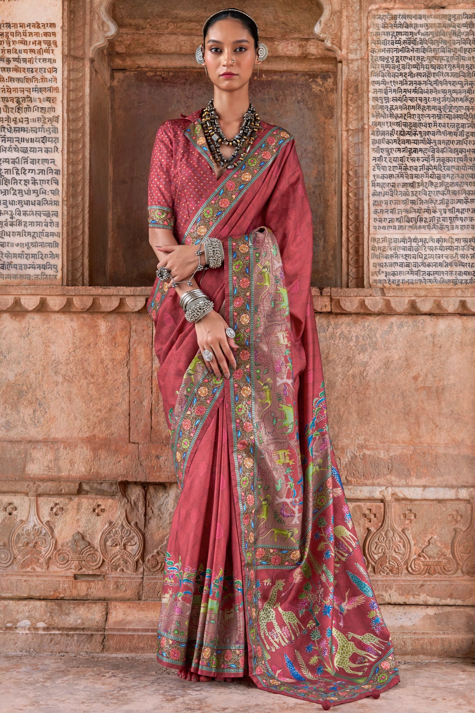 Canberry Red Printed Viscose Silk Saree-SAR10413_1_SareeButa.com