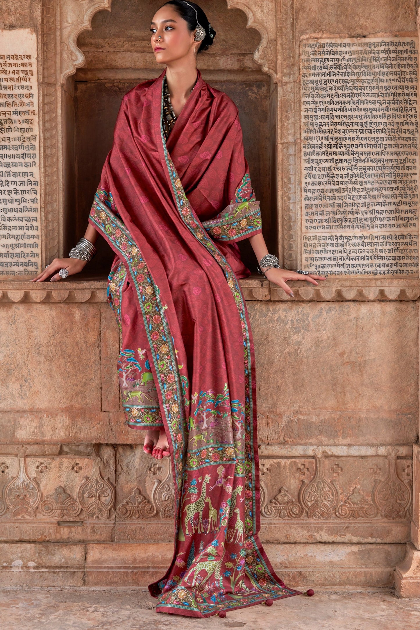 Canberry Red Printed Viscose Silk Saree-SAR10413_2_SareeButa.com