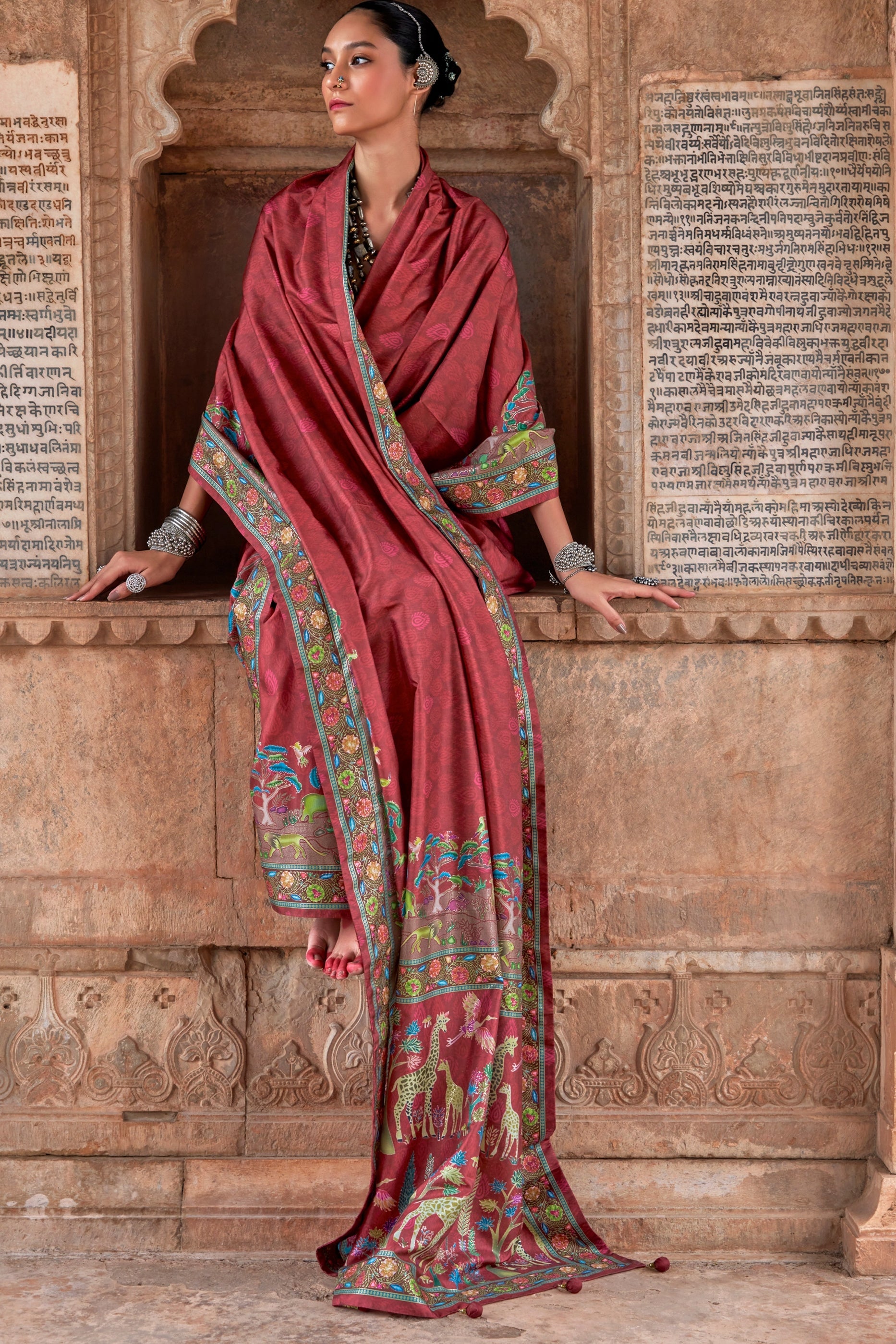 Canberry Red Printed Viscose Silk Saree-SAR10413_2_SareeButa.com