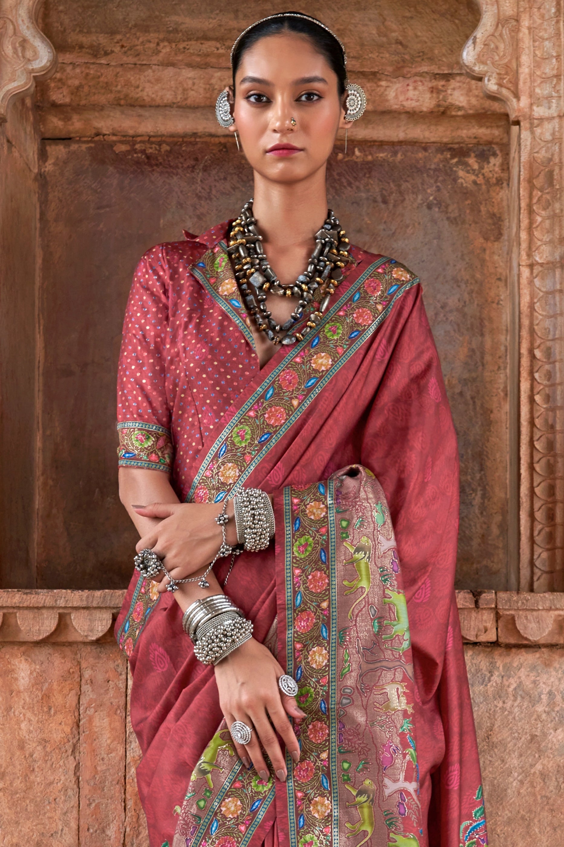 Canberry Red Printed Viscose Silk Saree-SAR10413_3_SareeButa.com