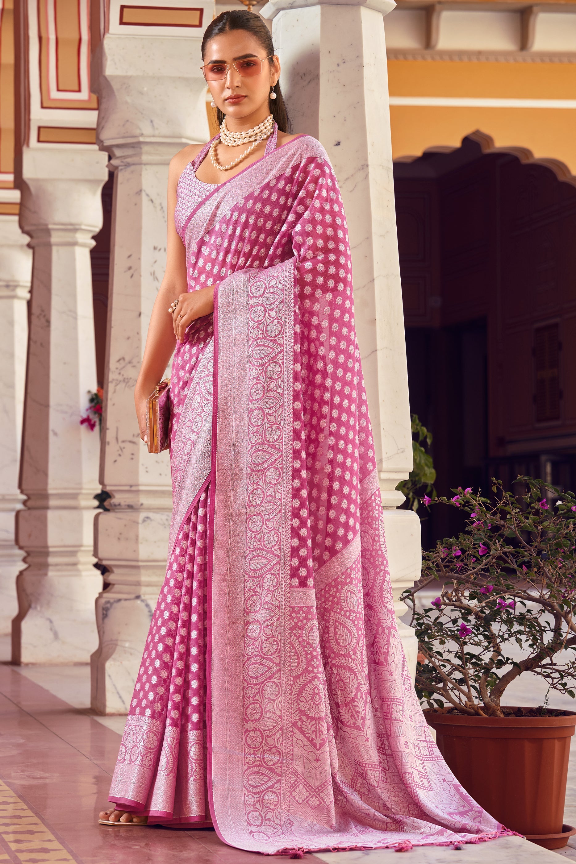 Carnation Pink Woven Georgette Saree-SAR10181_1_SareeButa.com
