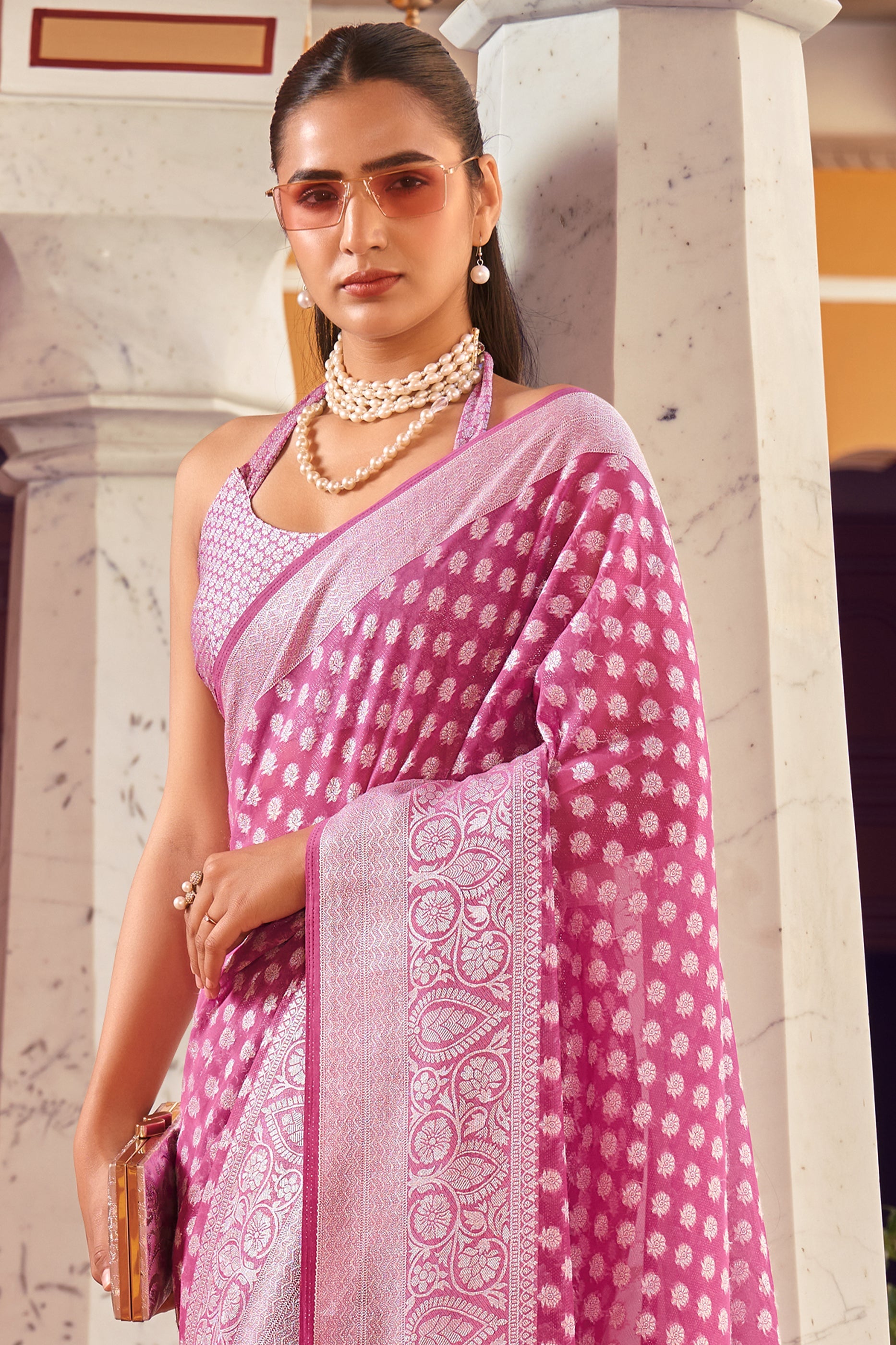 Carnation Pink Woven Georgette Saree-SAR10181_3_SareeButa.com