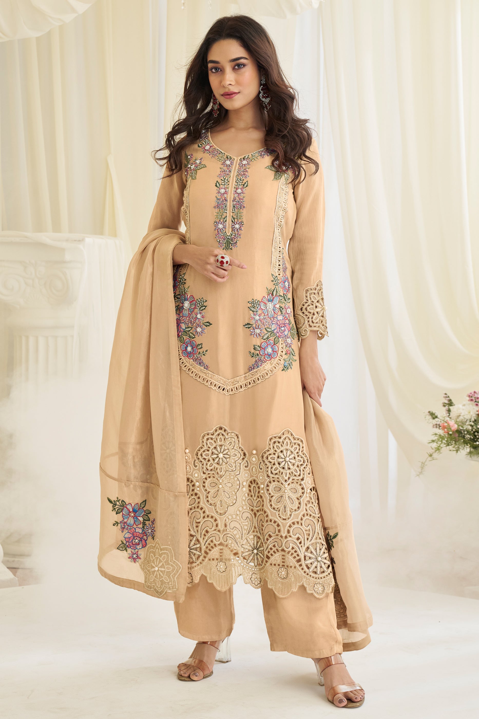 Champagne Beige Readymade Embroidered Silk Suit-SAR11982_1_SareeButa.com