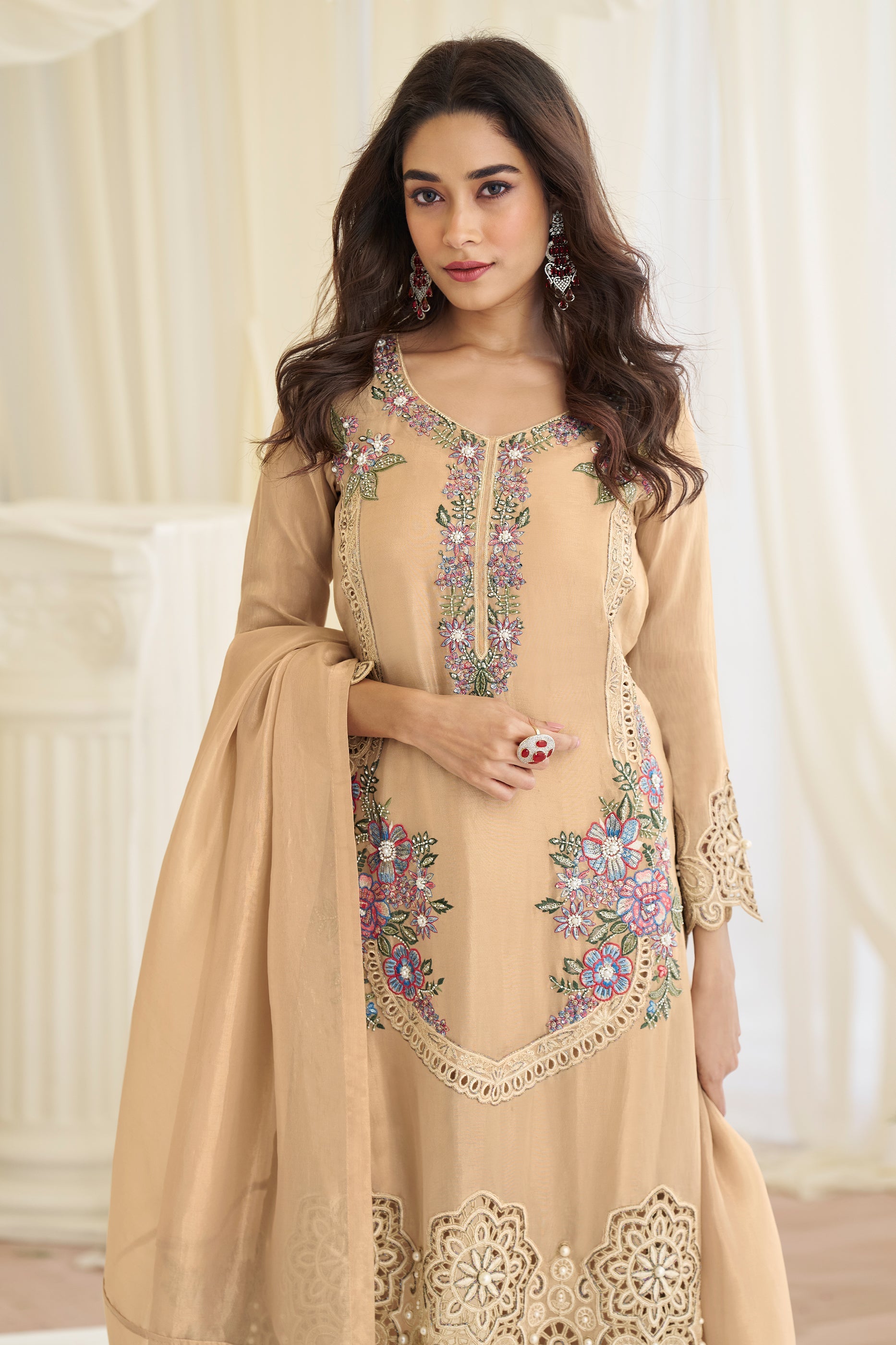 Champagne Beige Readymade Embroidered Silk Suit-SAR11982_2_SareeButa.com