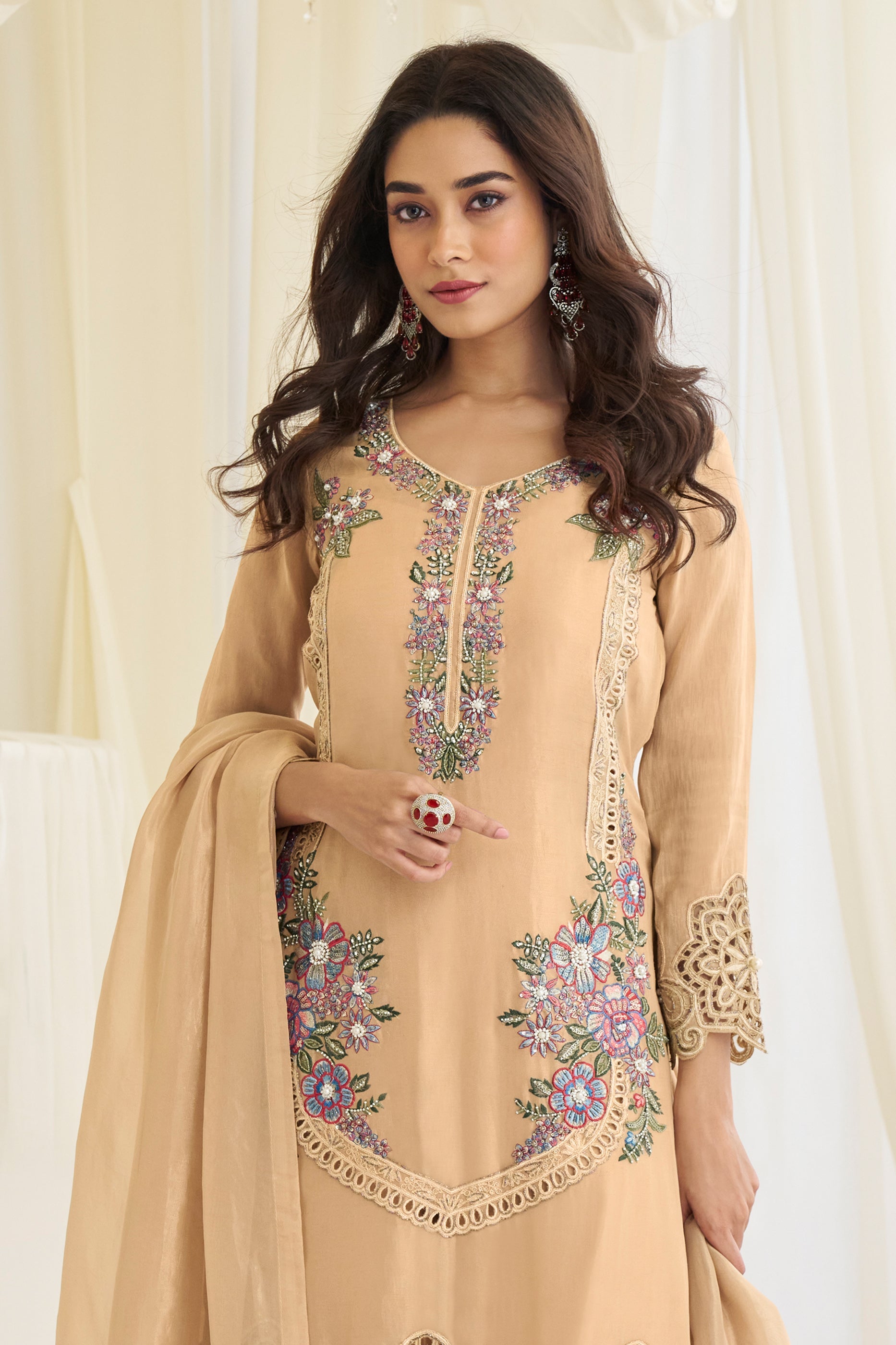 Champagne Beige Readymade Embroidered Silk Suit-SAR11982_3_SareeButa.com