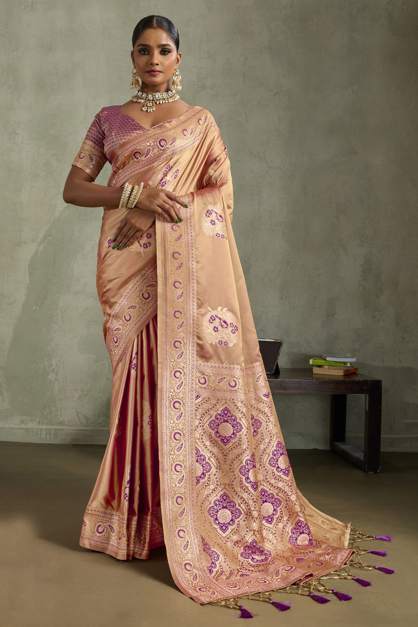 Champagne Gold Woven Satin Silk Banarasi Saree-SAR11804_1_SareeButa.com