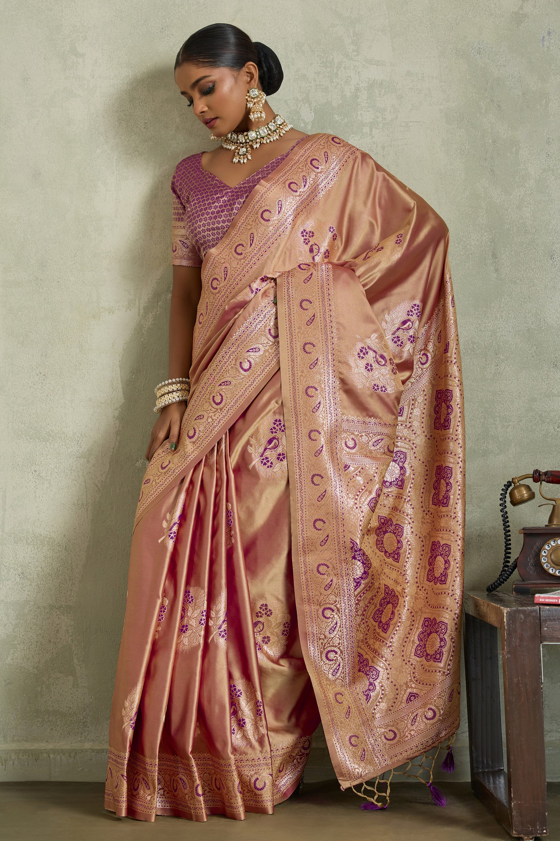 Champagne Gold Woven Satin Silk Banarasi Saree-SAR11804_3_SareeButa.com