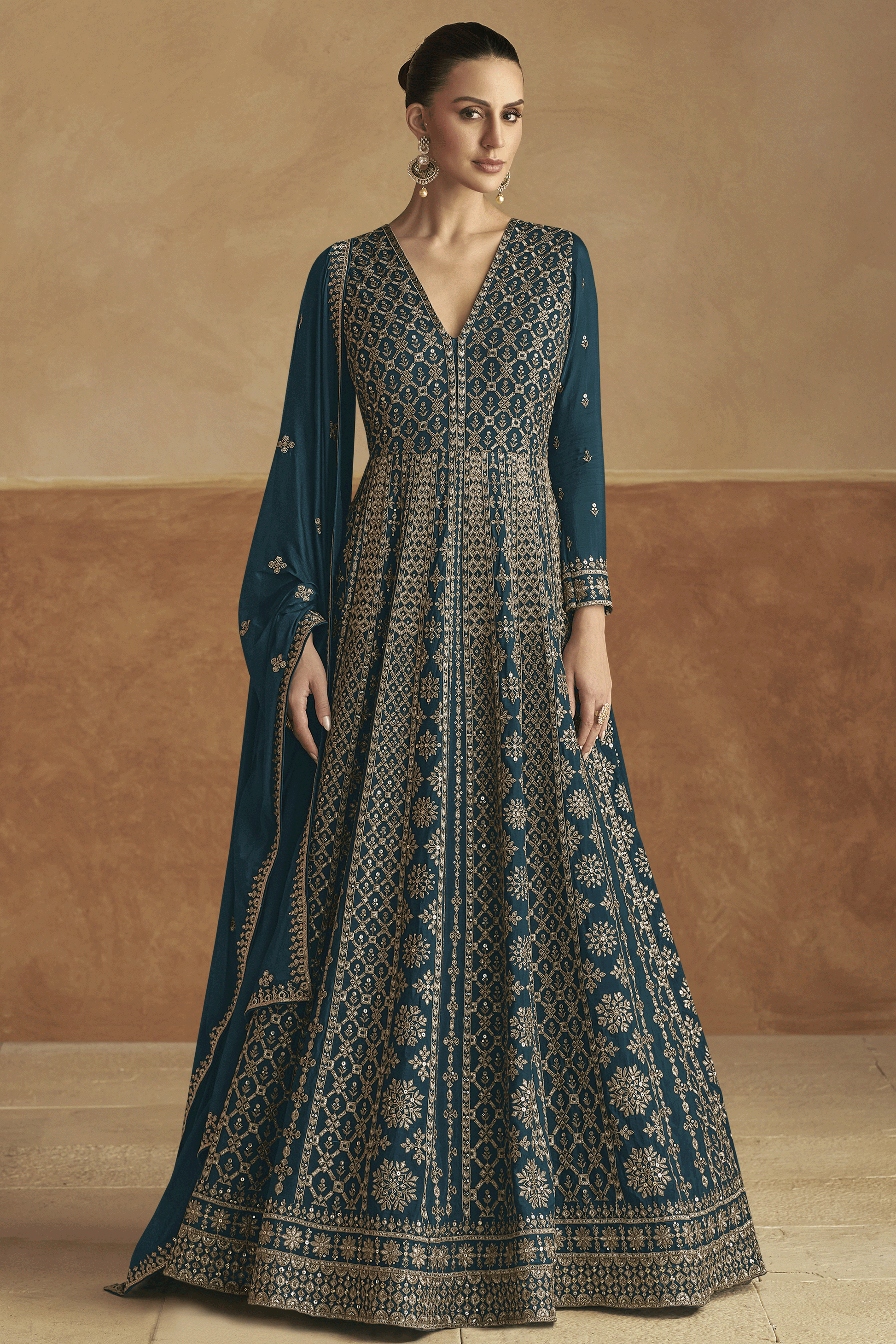 Blue Grey Readymade Chinon Gown with Dupatta-SS433_1_SareeButa.com