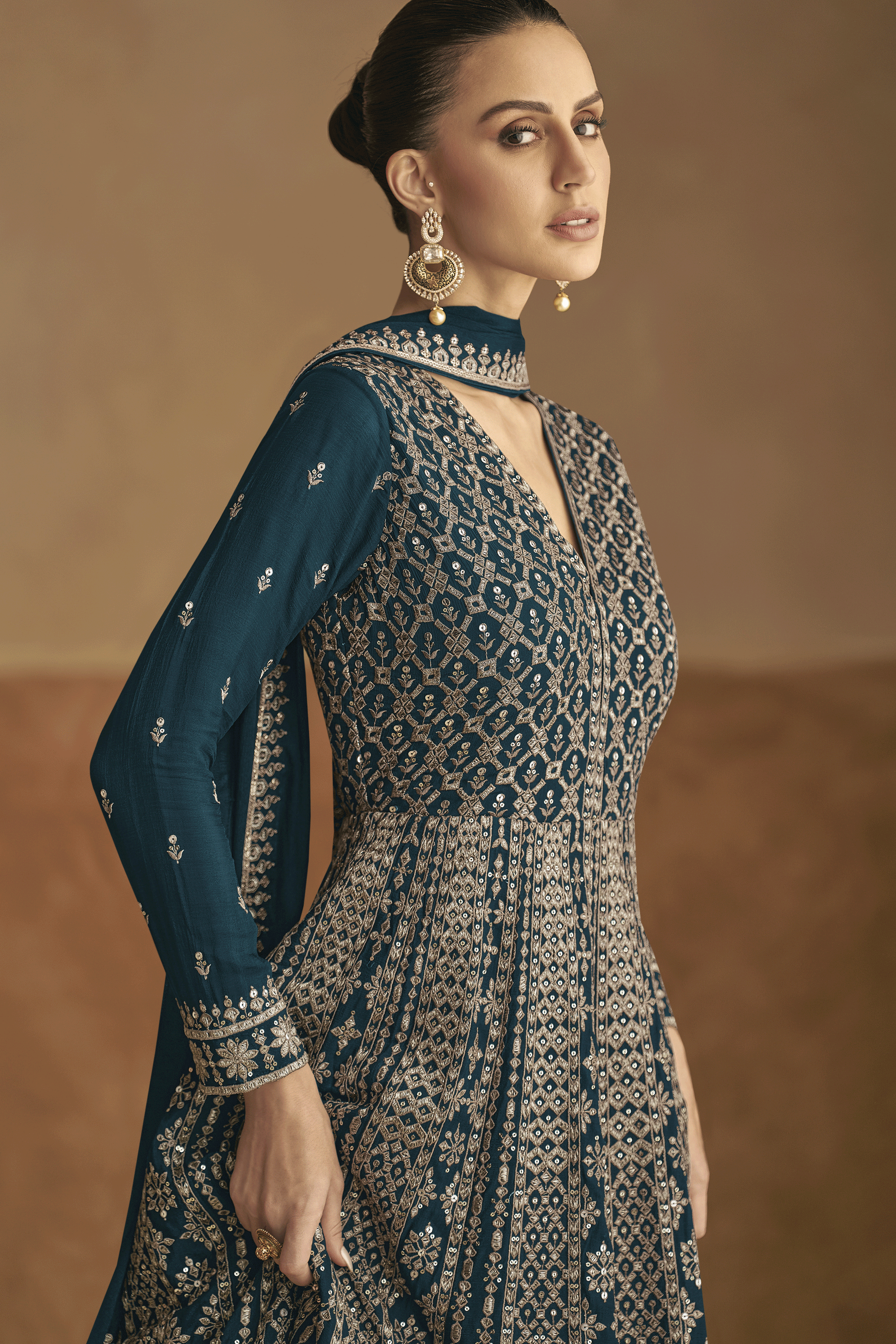 Blue Grey Readymade Chinon Gown with Dupatta-SS433_2_SareeButa.com